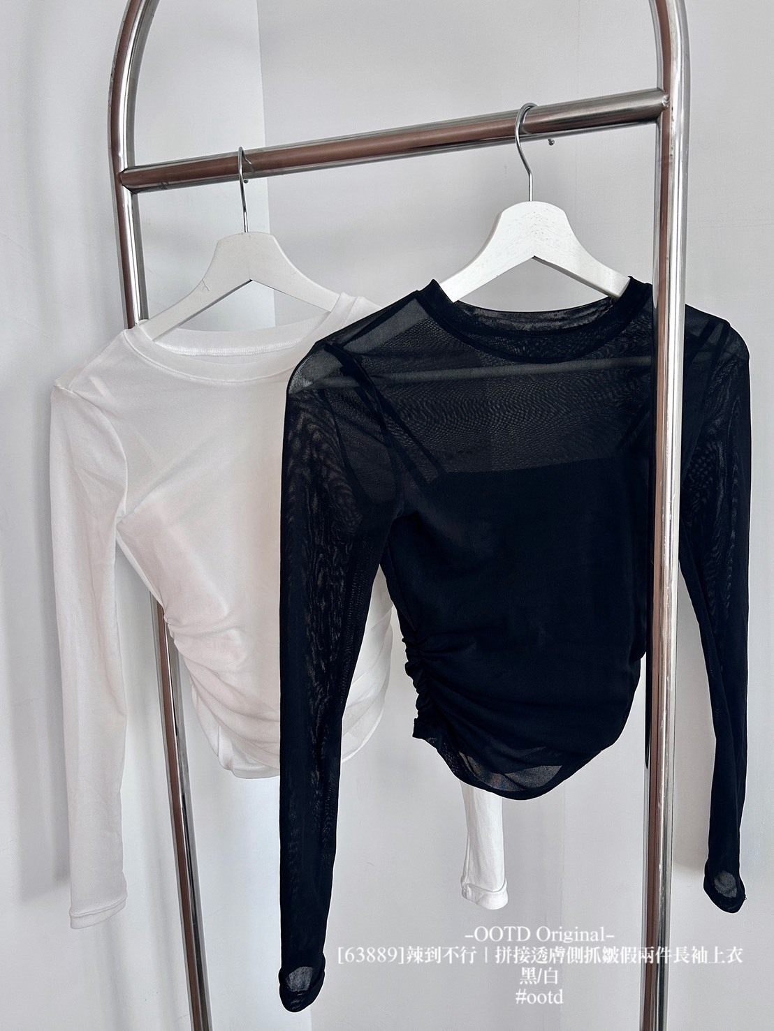 [63889]辣到不行｜拼接透膚側抓皺假兩件長袖上衣 (6)