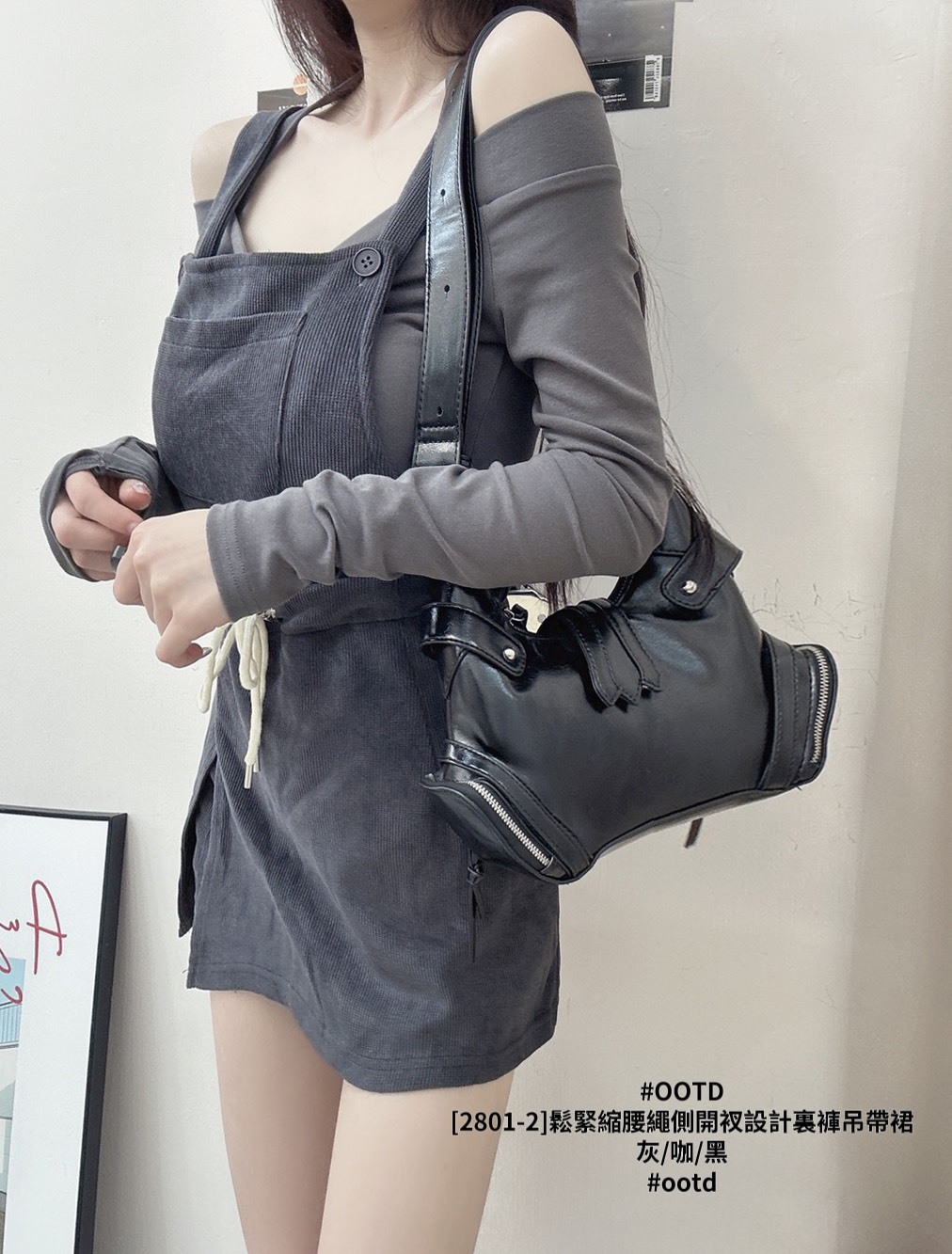 [2801-2]鬆緊縮腰繩側開衩設計裏褲吊帶裙 (3)