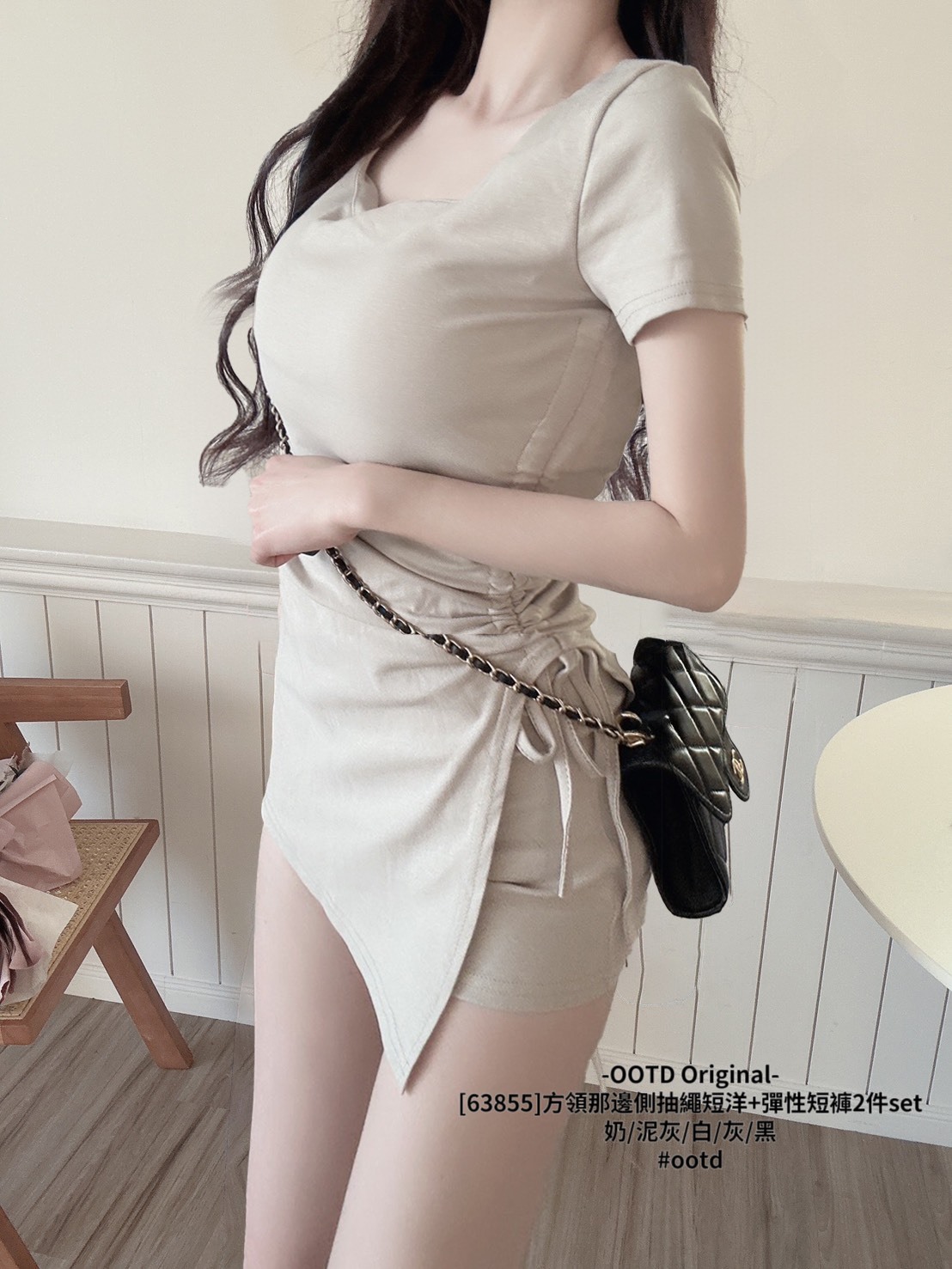 [63855]方領那邊側抽繩短洋+彈性短褲2件set (3)