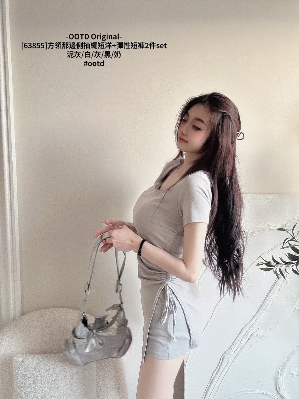 [63855]方領那邊側抽繩短洋+彈性短褲2件set (6)