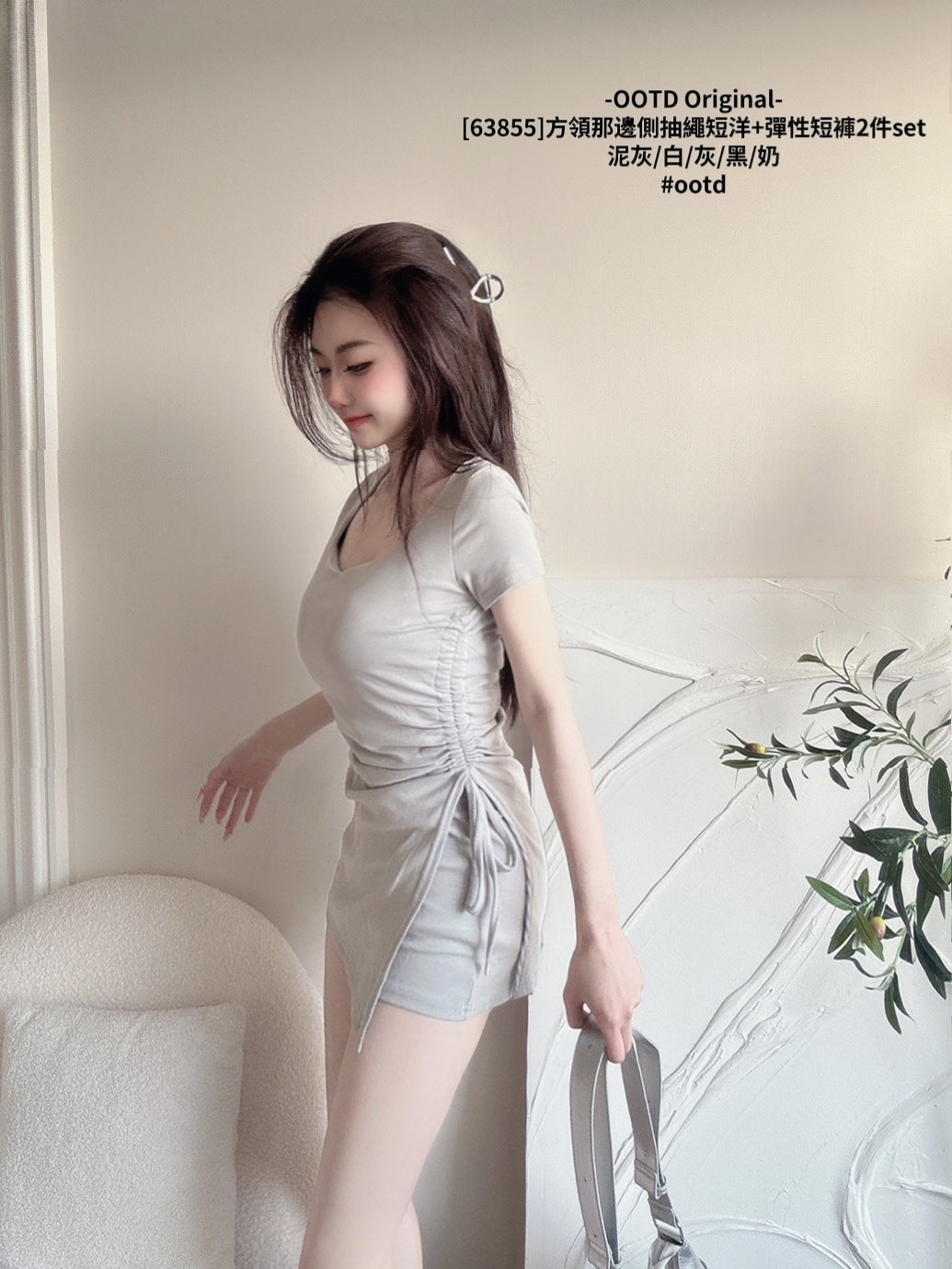 [63855]方領那邊側抽繩短洋+彈性短褲2件set (5)