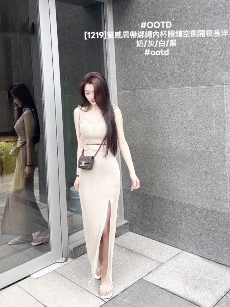 [1219]質感肩帶綁繩內杯腰鏤空側開衩長洋 (4)
