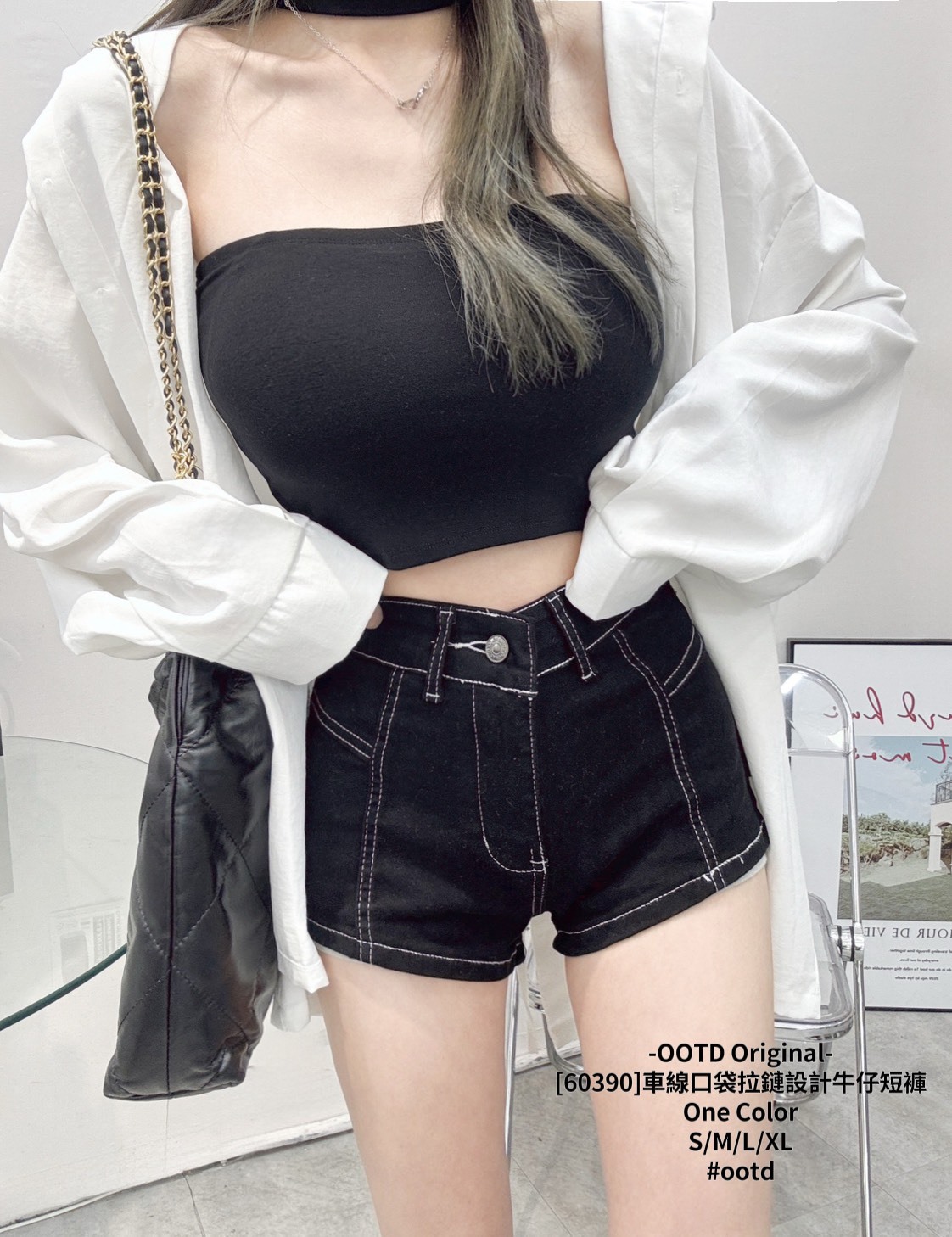 [60390]車線口袋拉鏈設計牛仔短褲