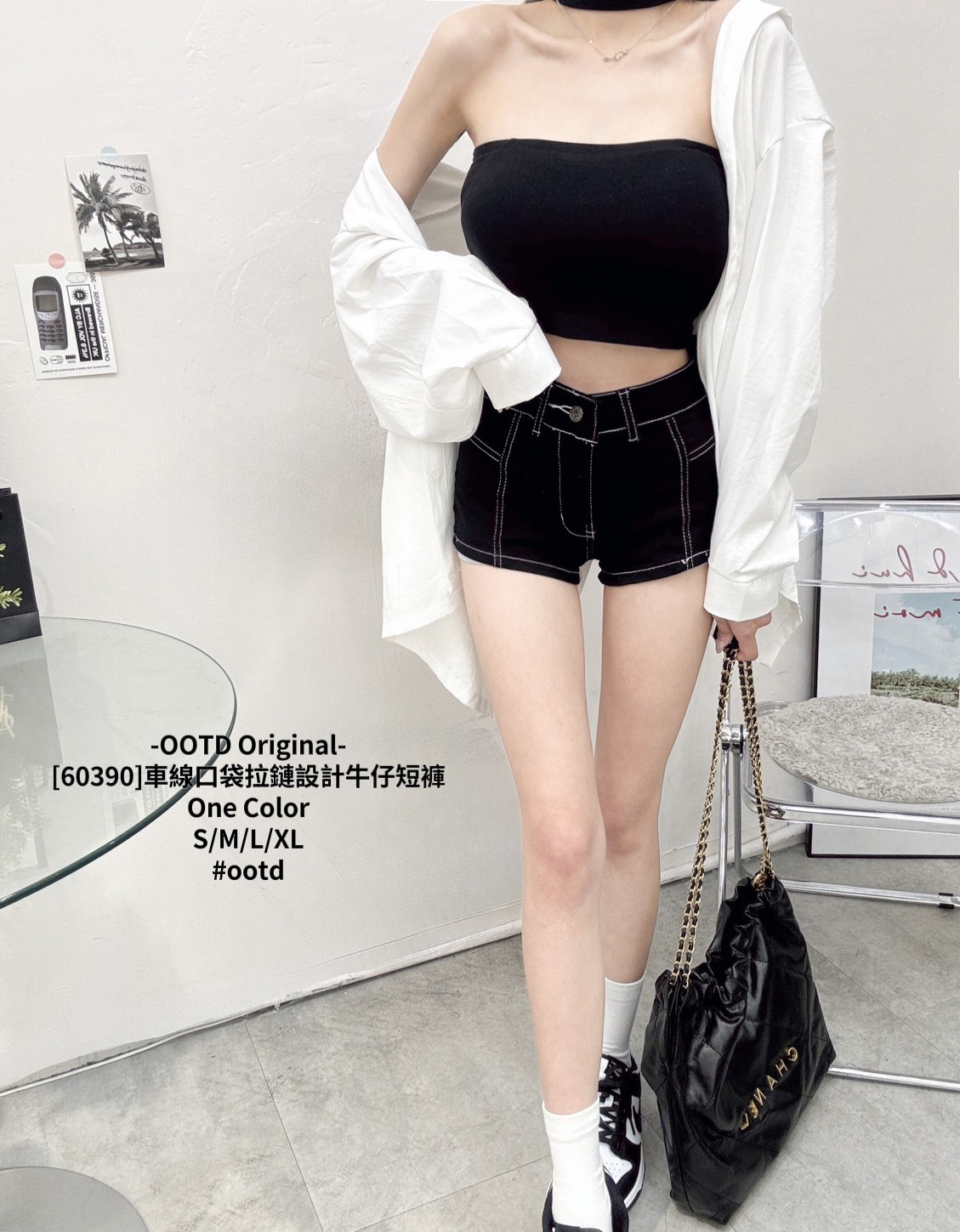 [60390]車線口袋拉鏈設計牛仔短褲 (4)
