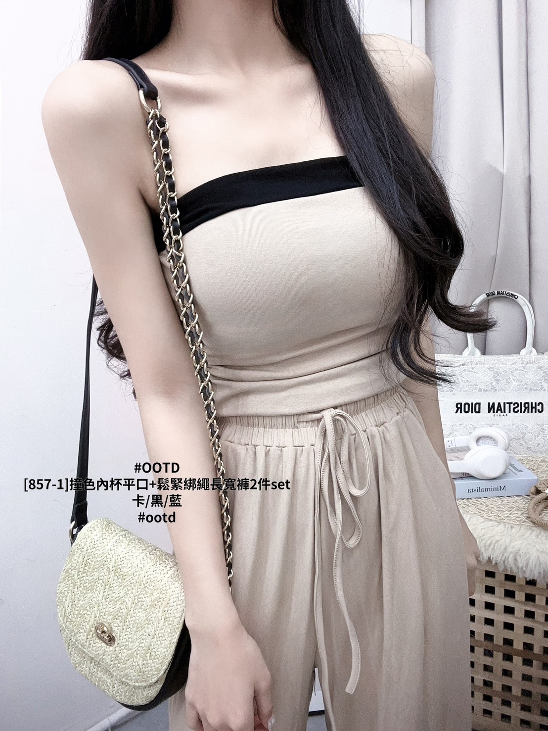 [857-1]撞色內杯平口+鬆緊綁繩長寬褲2件set (2)