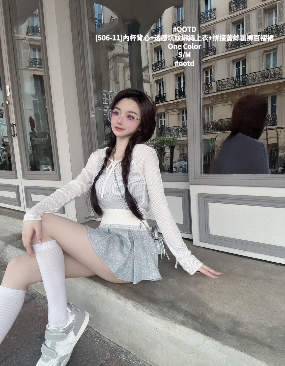 [506-11]內杯背心+透感坑紋綁繩上衣+拼接蕾絲裏褲百褶裙 (2)