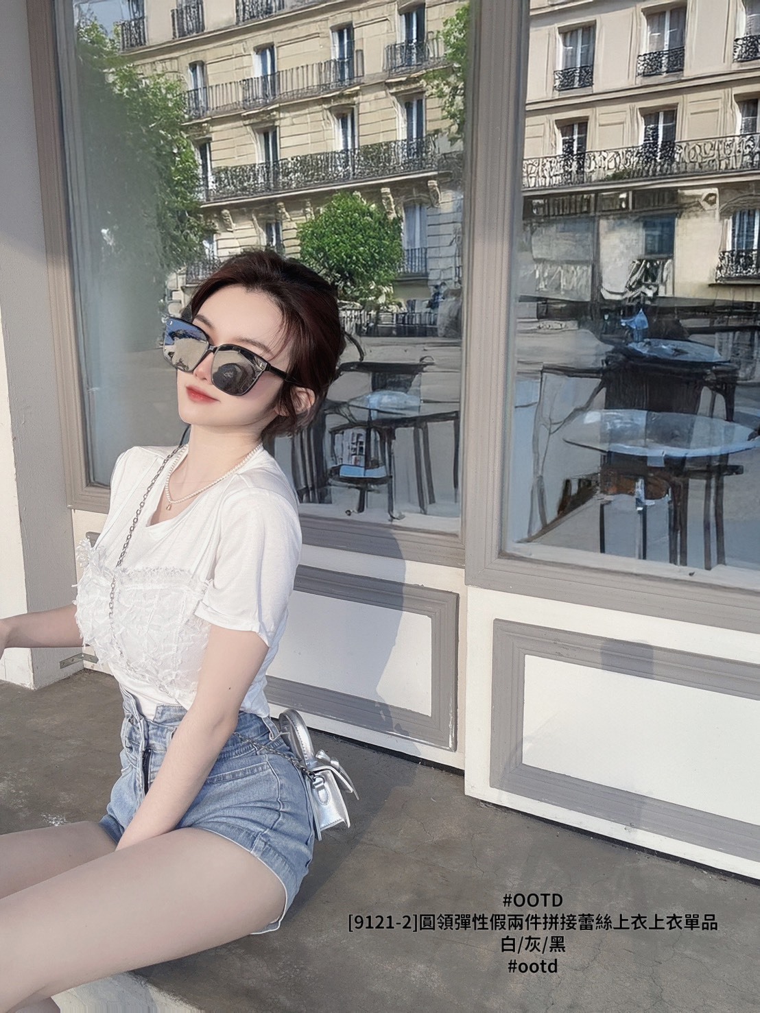[9121-2]圓領彈性假兩件拼接蕾絲上衣上衣單品 (2)