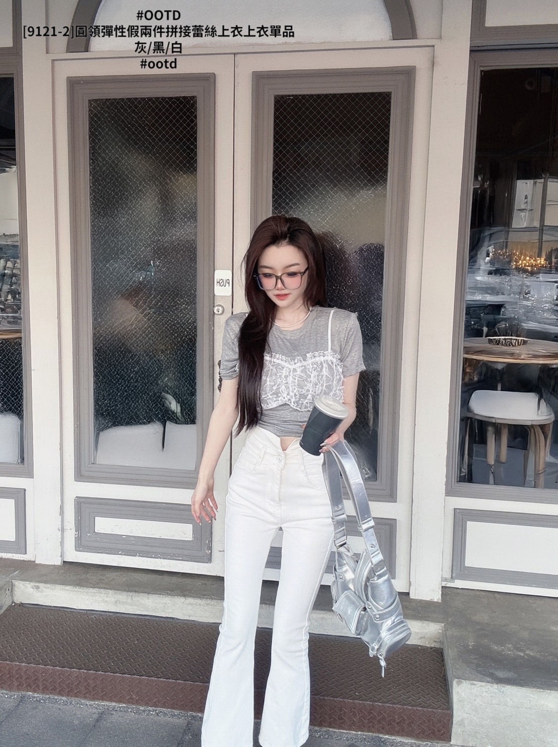 [9121-2]圓領彈性假兩件拼接蕾絲上衣上衣單品 (4)