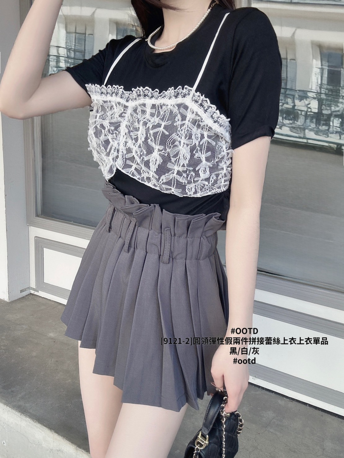 [9121-2]圓領彈性假兩件拼接蕾絲上衣上衣單品 (6)