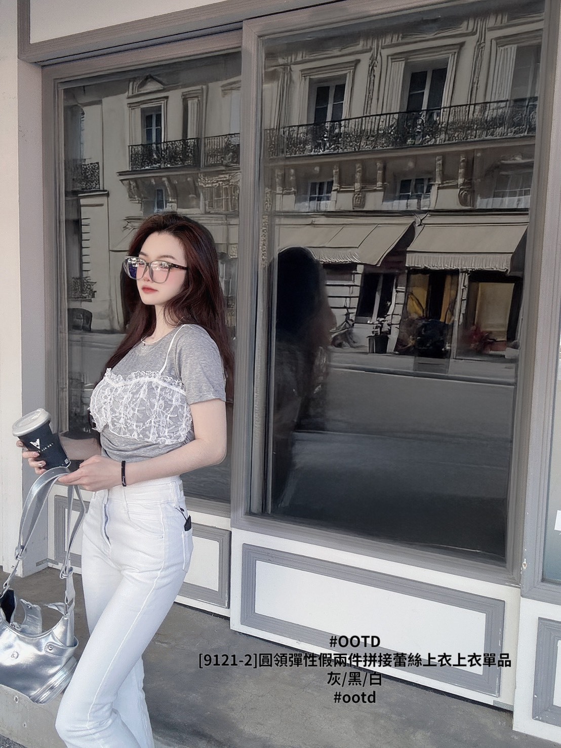 [9121-2]圓領彈性假兩件拼接蕾絲上衣上衣單品 (3)