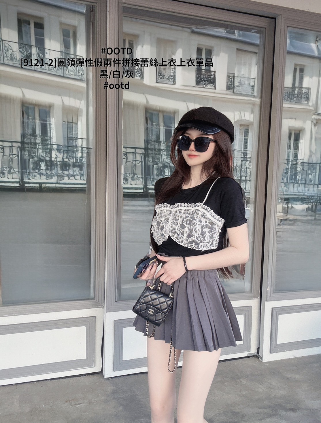 [9121-2]圓領彈性假兩件拼接蕾絲上衣上衣單品 (5)
