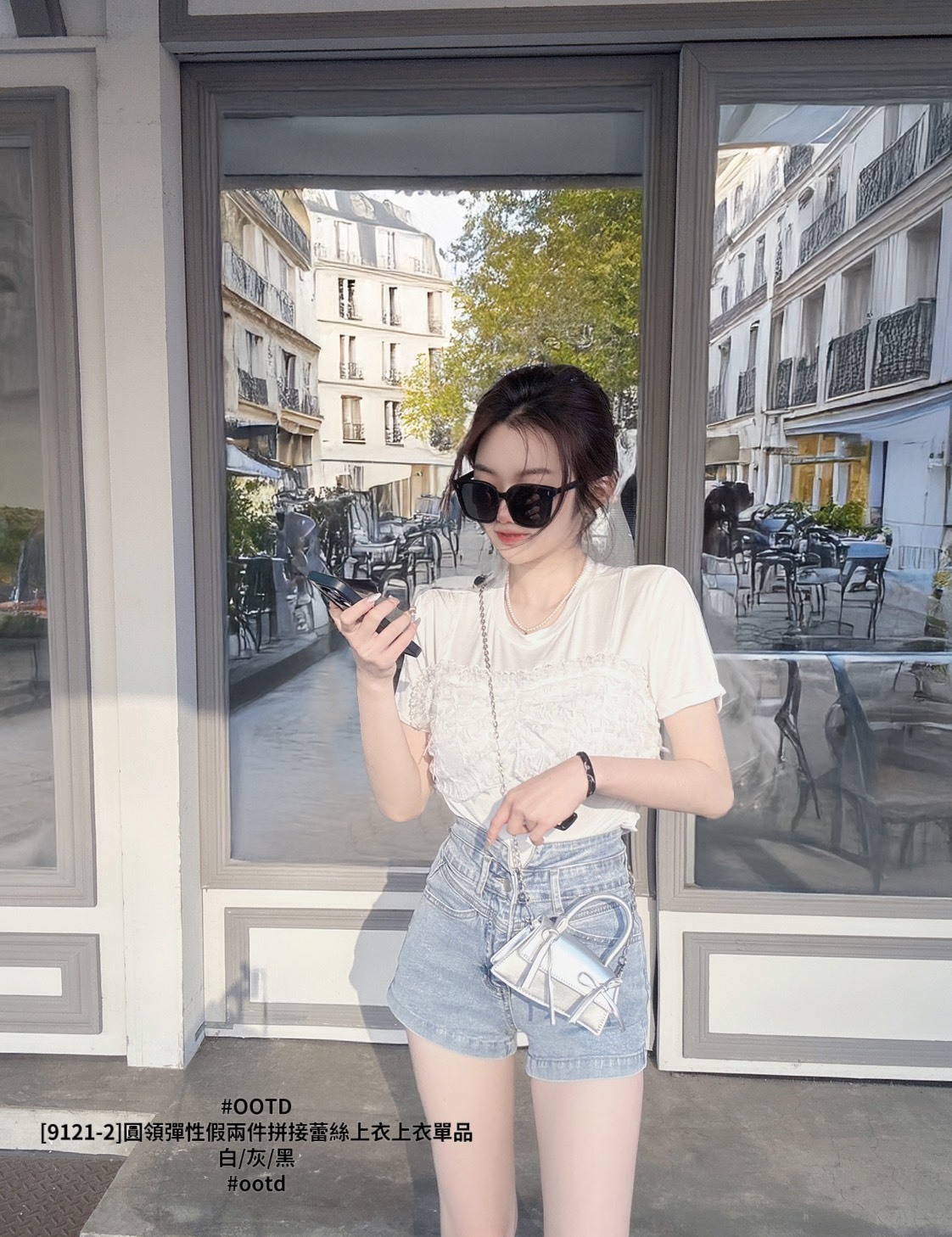 [9121-2]圓領彈性假兩件拼接蕾絲上衣上衣單品