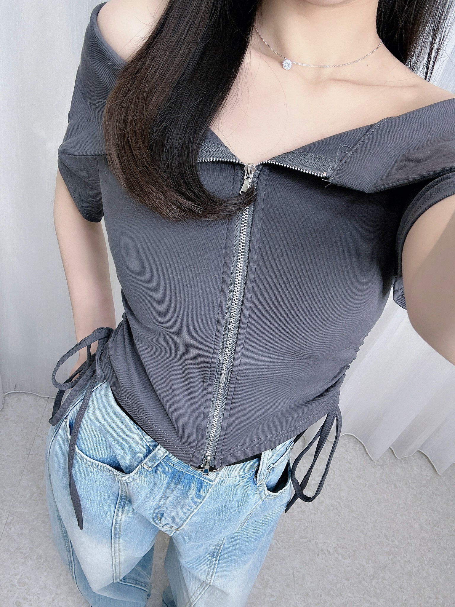 13821拉鍊側抽繩上衣 (2)