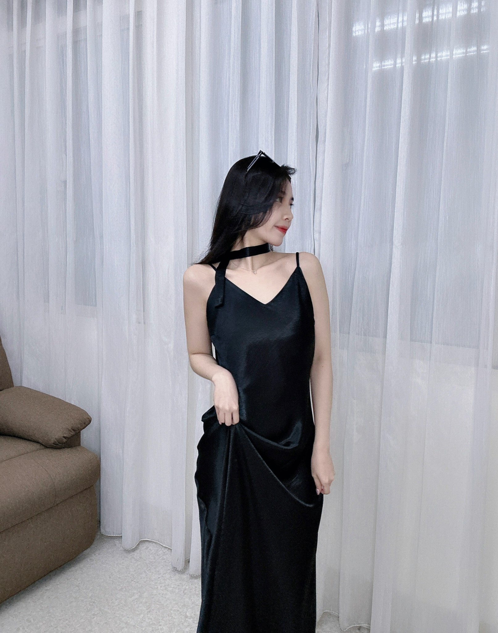 10089肩可調滑料緞面長洋 (3)