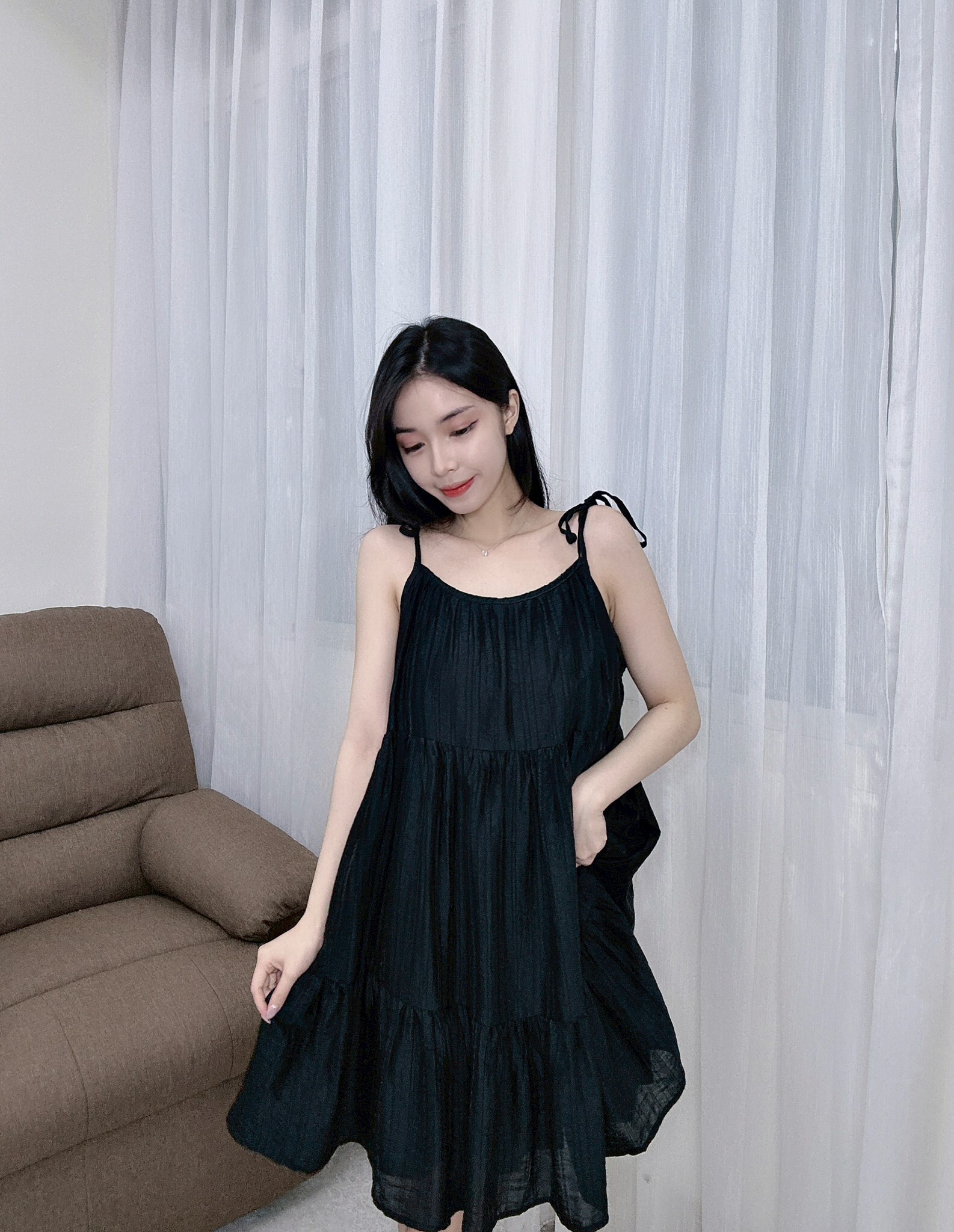 2560肩綁結雪紡洋