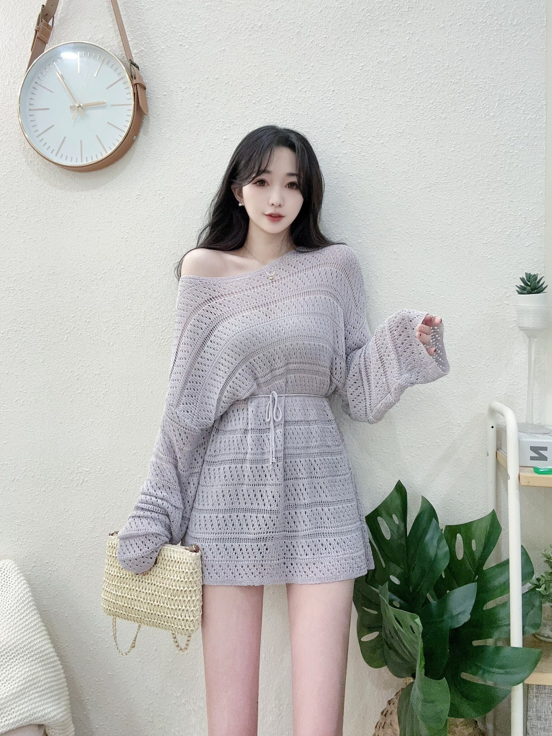 1111 P290 慵懶不敗綁帶長版針織上衣 (2)