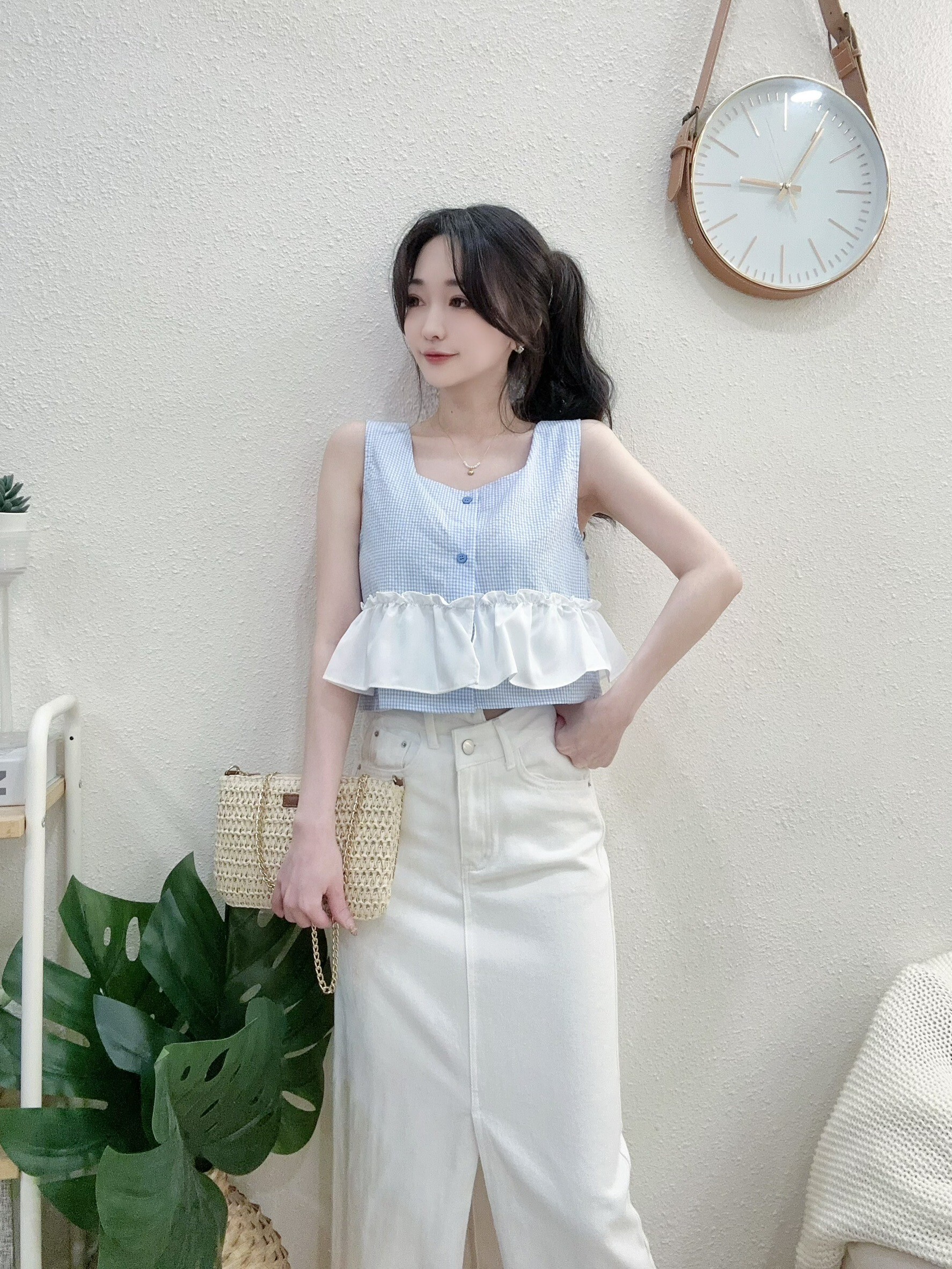 8912 P200 甜美寬肩細格拼接傘擺背心 (4)