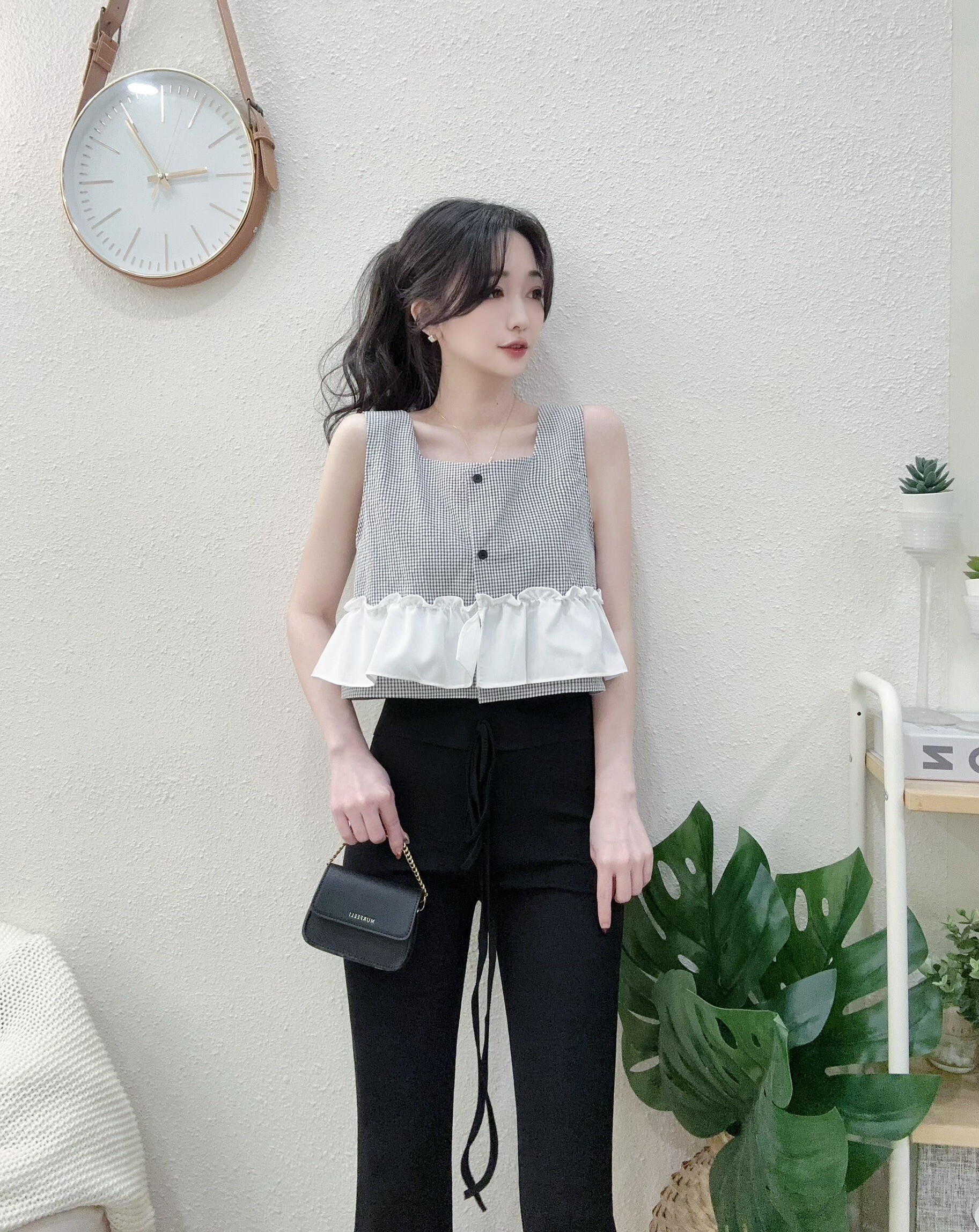 8912 P200 甜美寬肩細格拼接傘擺背心 (3)