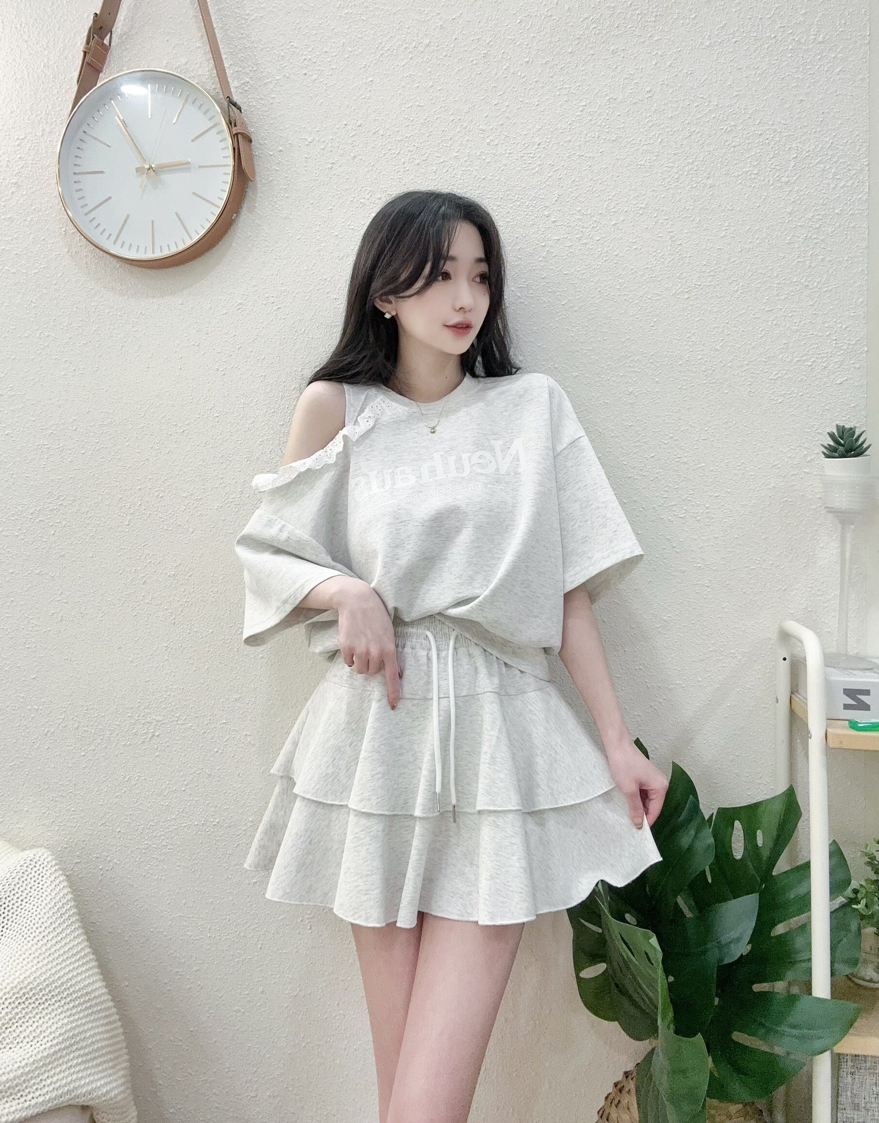 #2516 P340 好感單肩緹花蛋糕褲裙套裝