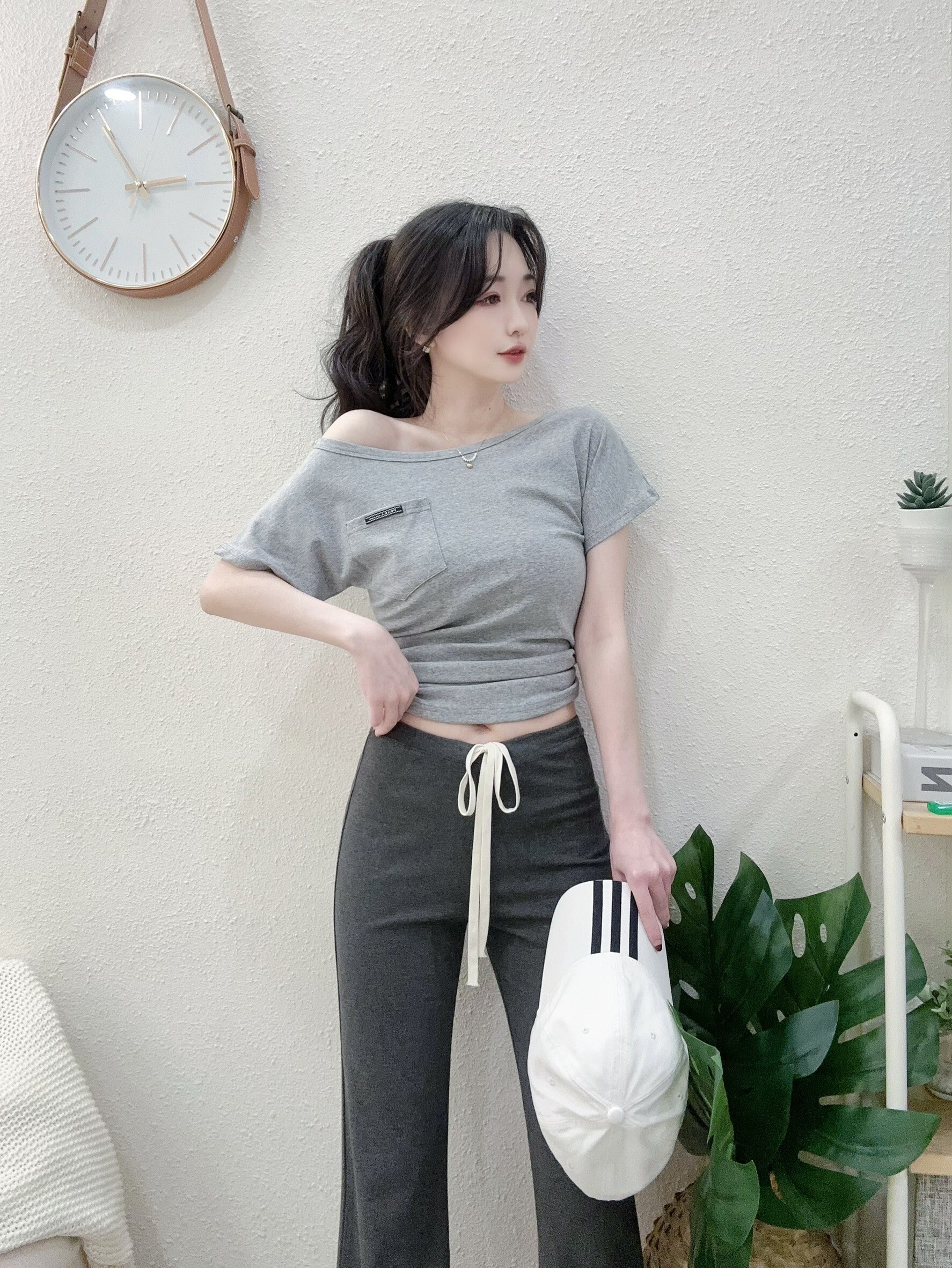 7328 P180 百搭個性標籤口袋斜肩上衣 (3)