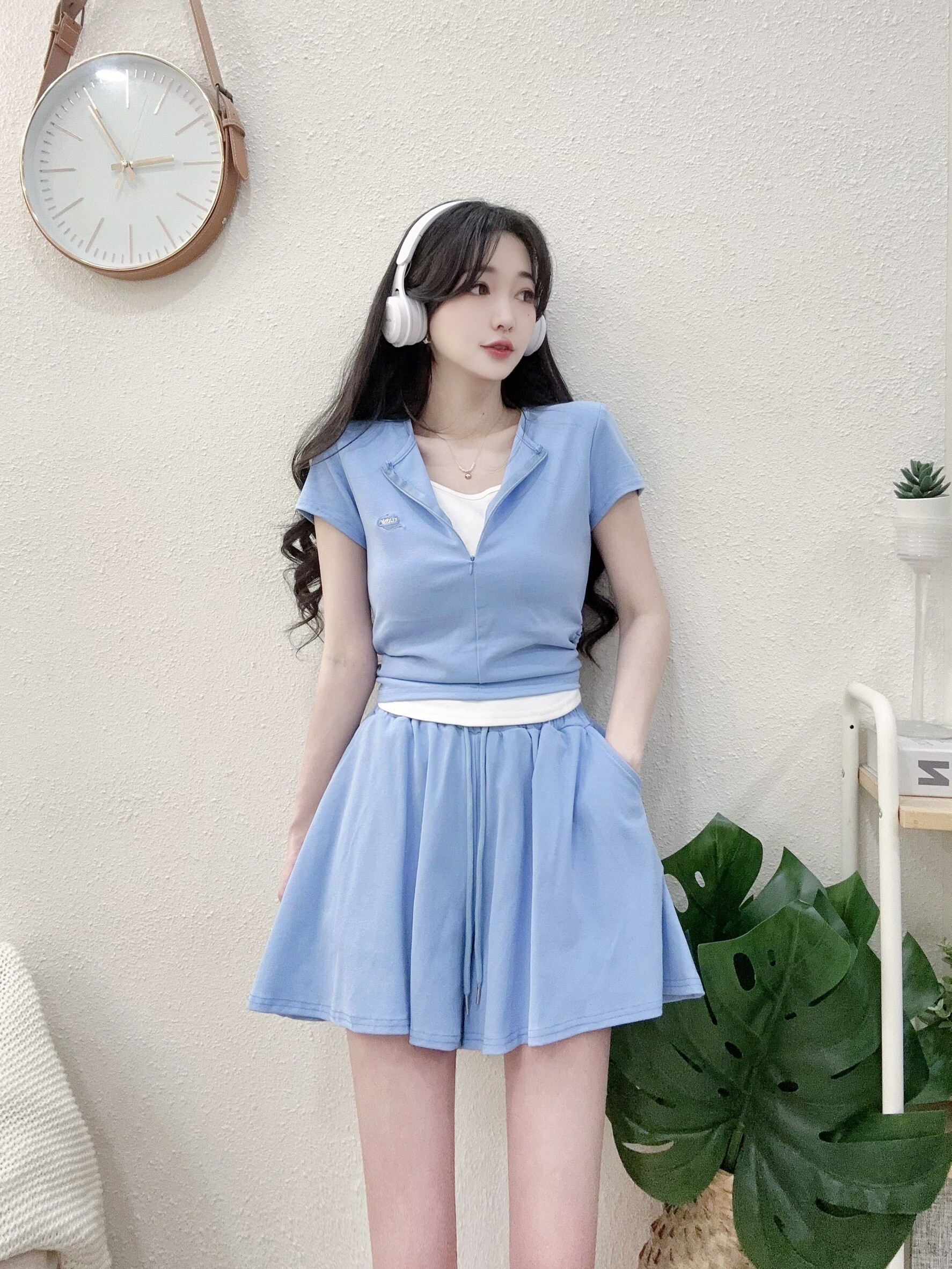 #2826 P330 東大配色假二件拉鍊裙褲套裝