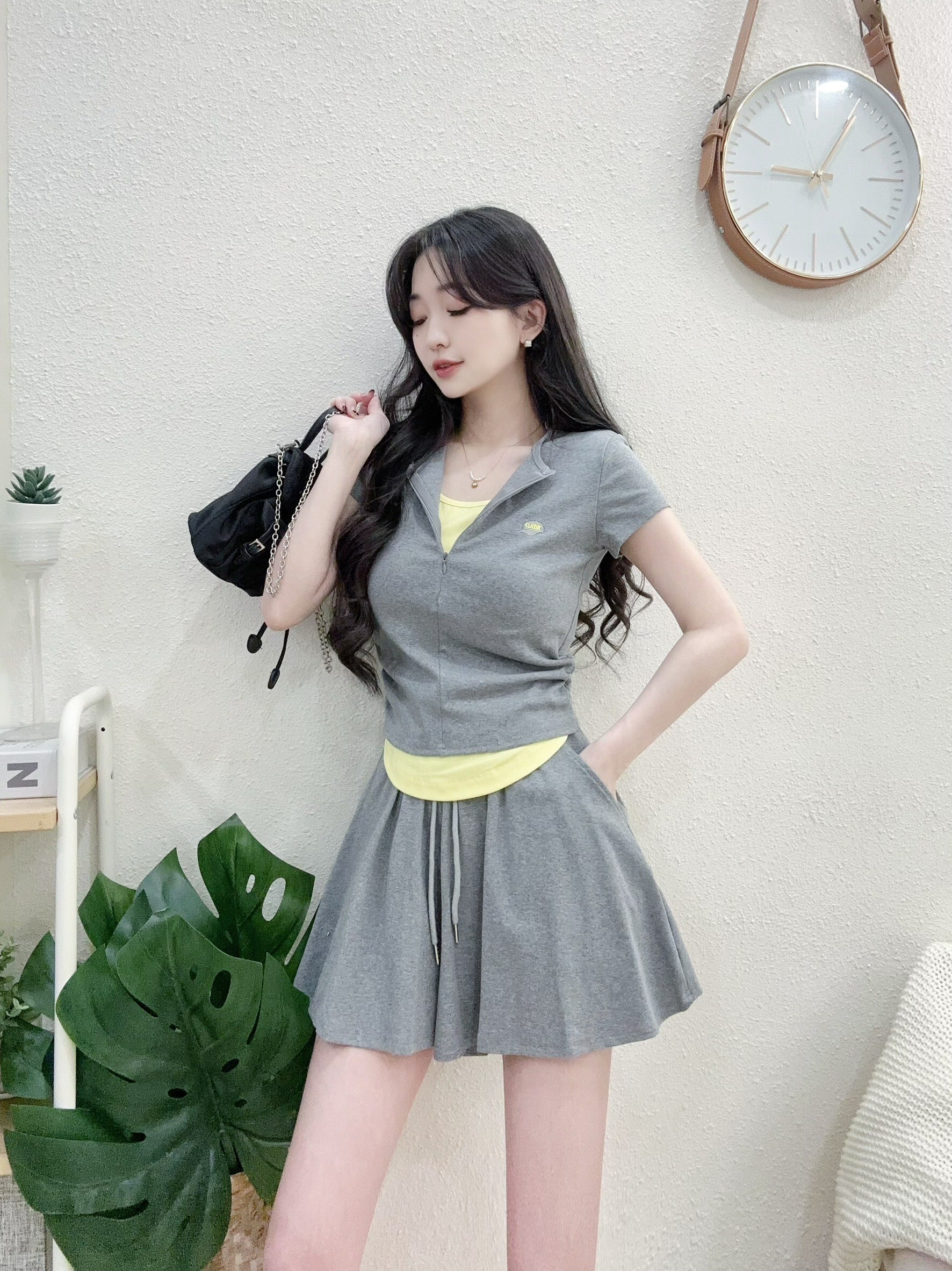 #2826 P330 東大配色假二件拉鍊裙褲套裝 (2)