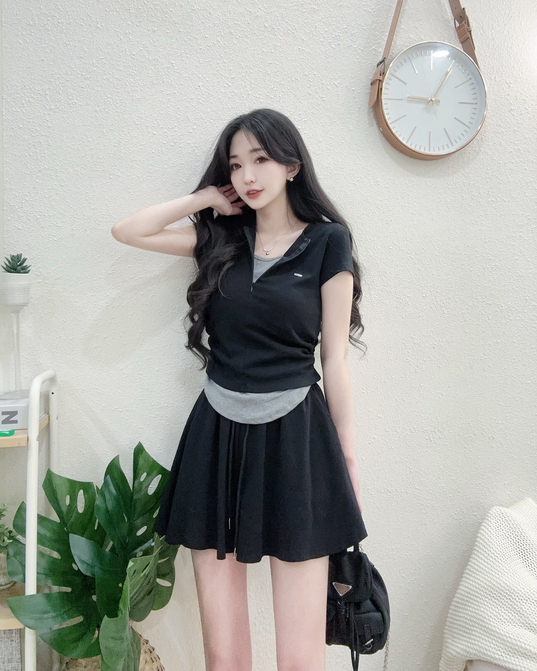 #2826 P330 東大配色假二件拉鍊裙褲套裝 (4)