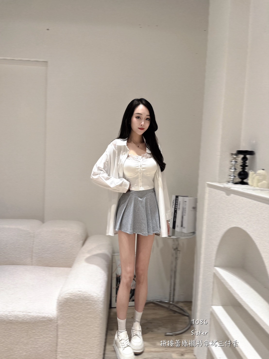 1086拼蕾絲襯衫傘裙三件套 (3)