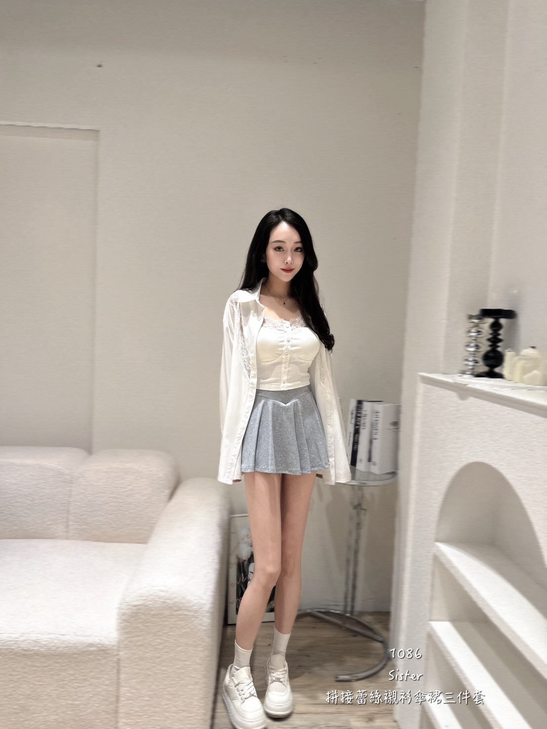 1086拼蕾絲襯衫傘裙三件套 (4)