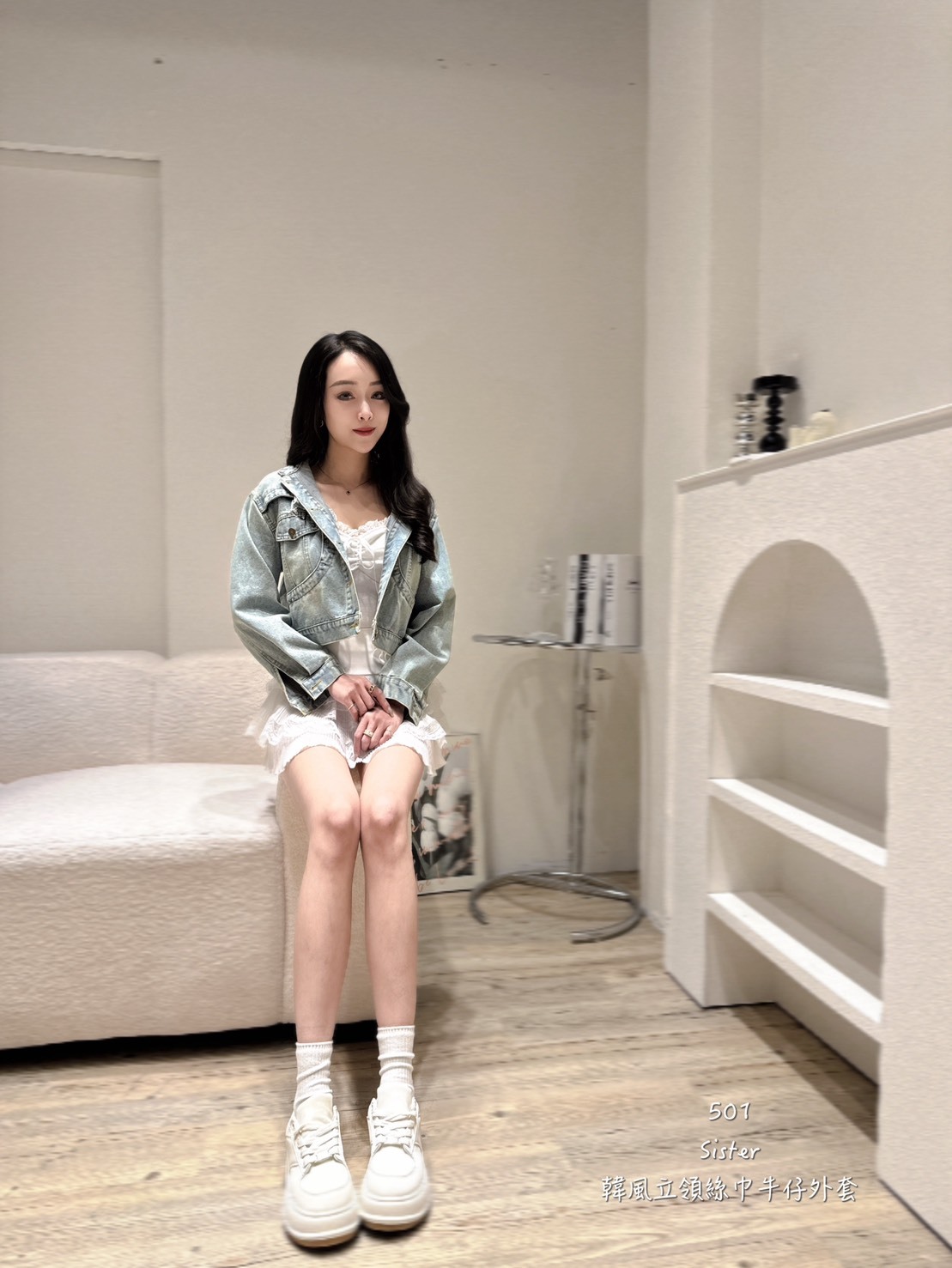 501韓風立領絲巾牛仔外套 (2)