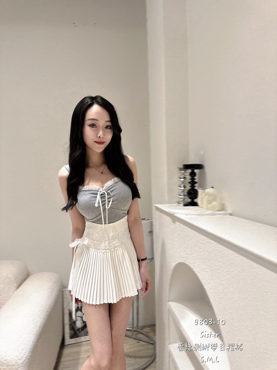 9803-10蕾絲側綁帶百摺裙 (4)