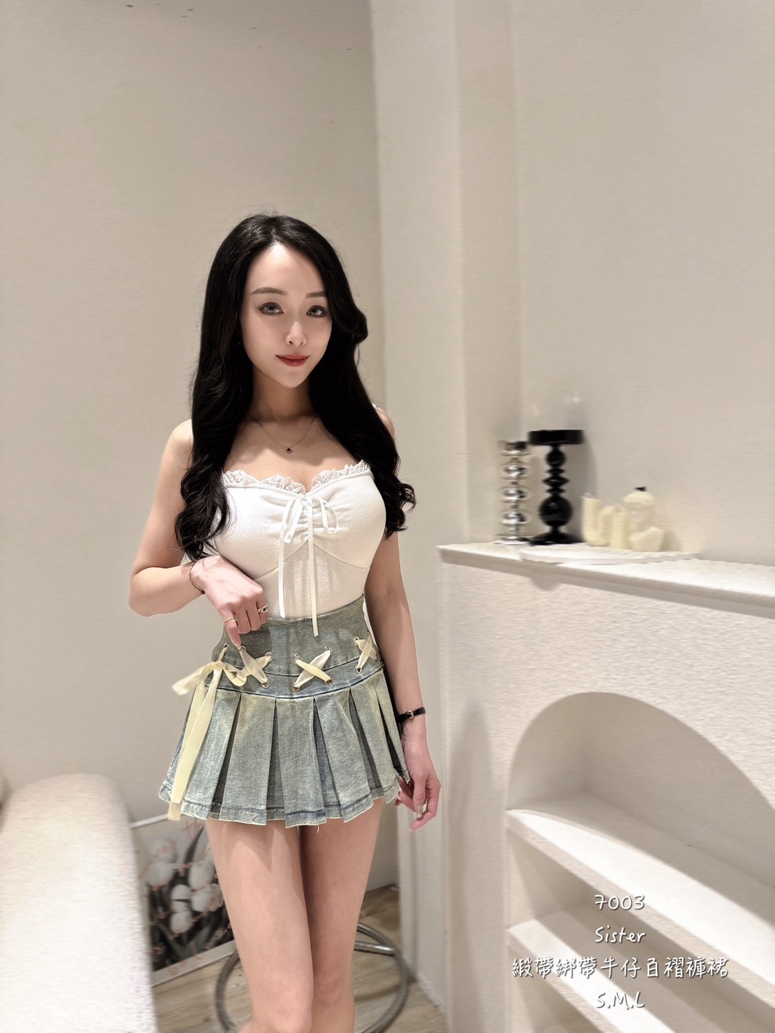 7003緞帶綁帶牛仔百摺褲裙 (2)