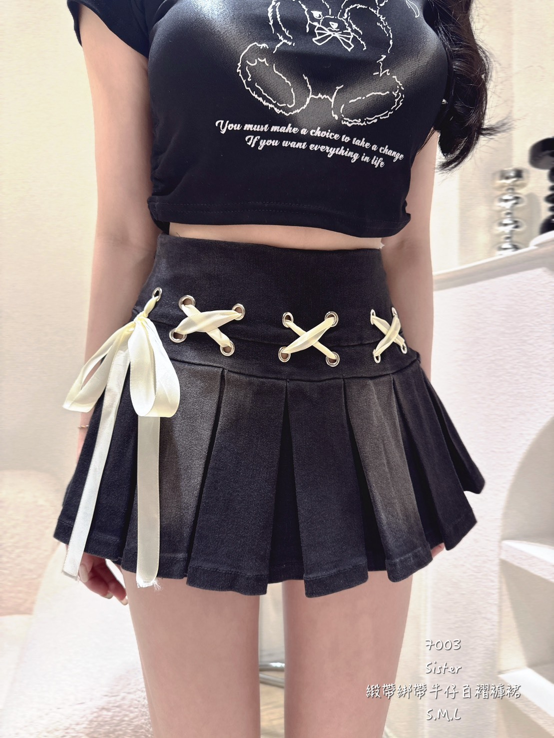 7003緞帶綁帶牛仔百摺褲裙