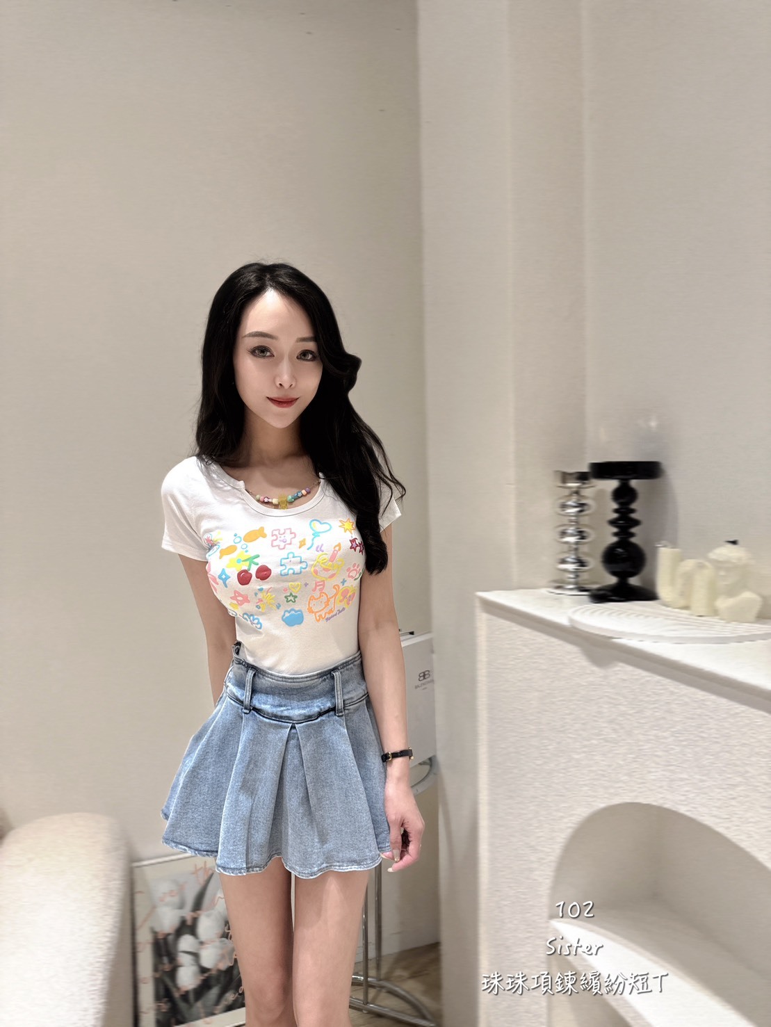 102珠珠項鍊繽紛短T