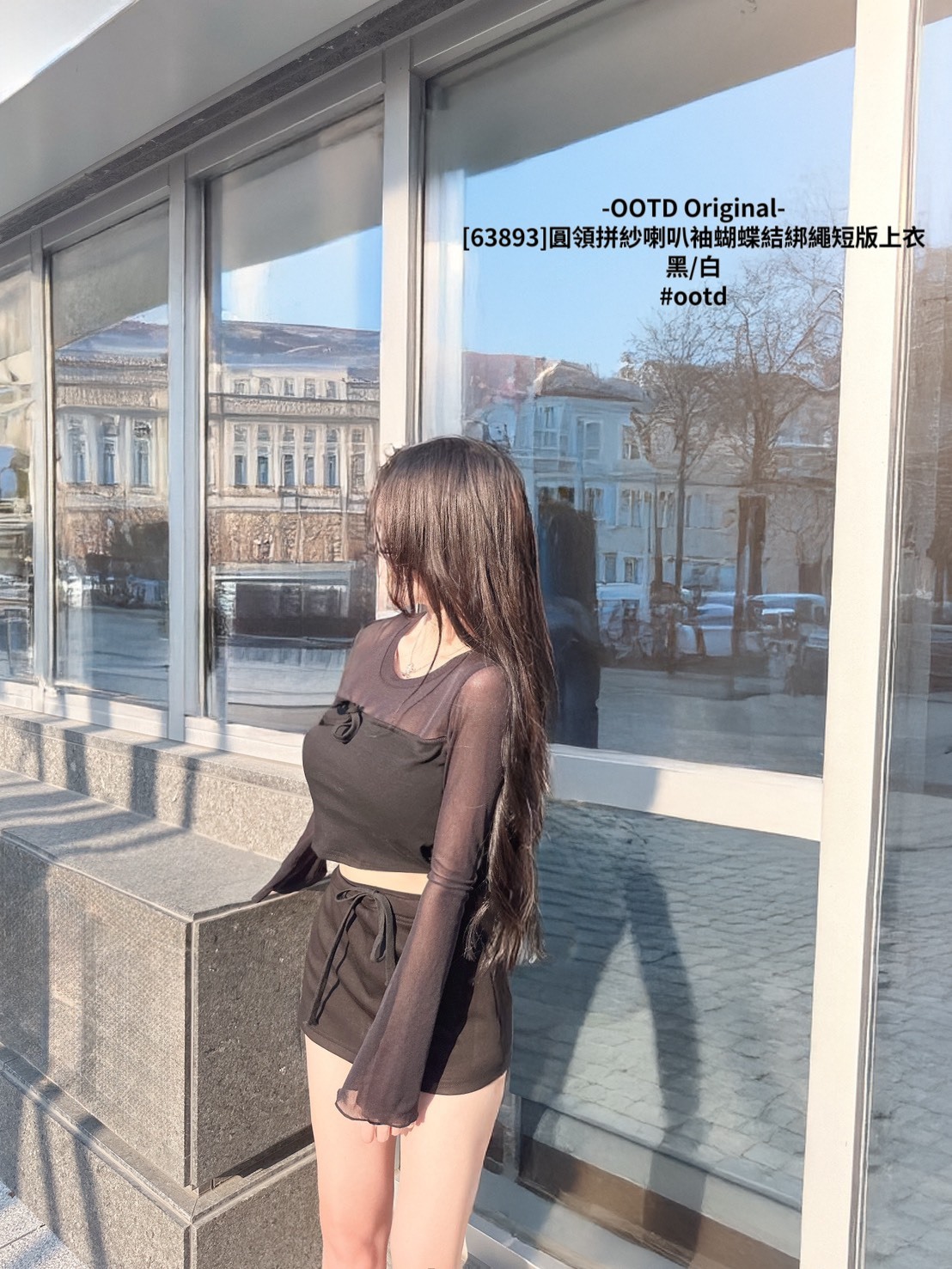 [63893]圓領拼紗喇叭袖蝴蝶結綁繩短版上衣 (4)