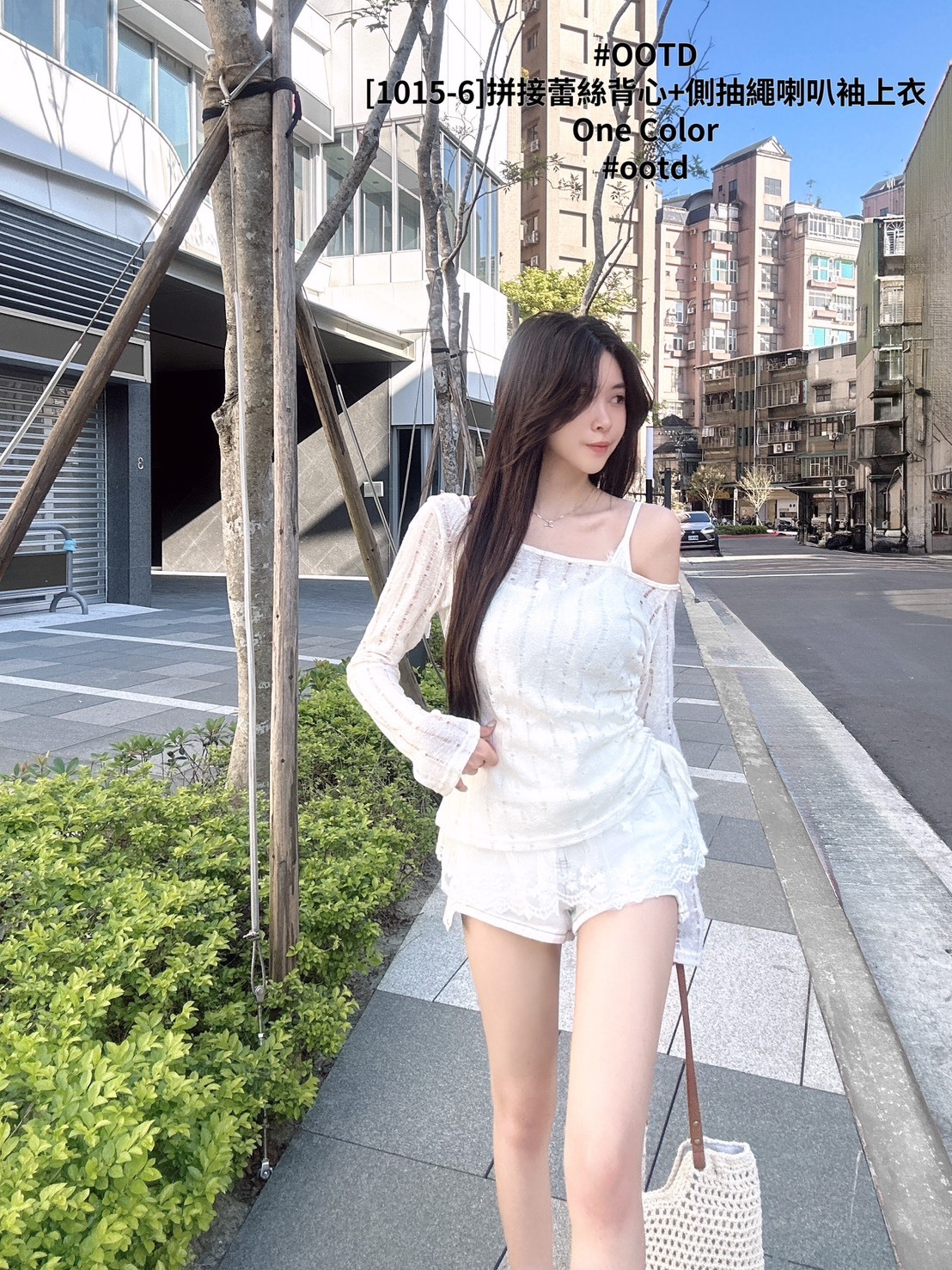 [1015-6]拼接蕾絲背心+側抽繩喇叭袖上衣 (2)