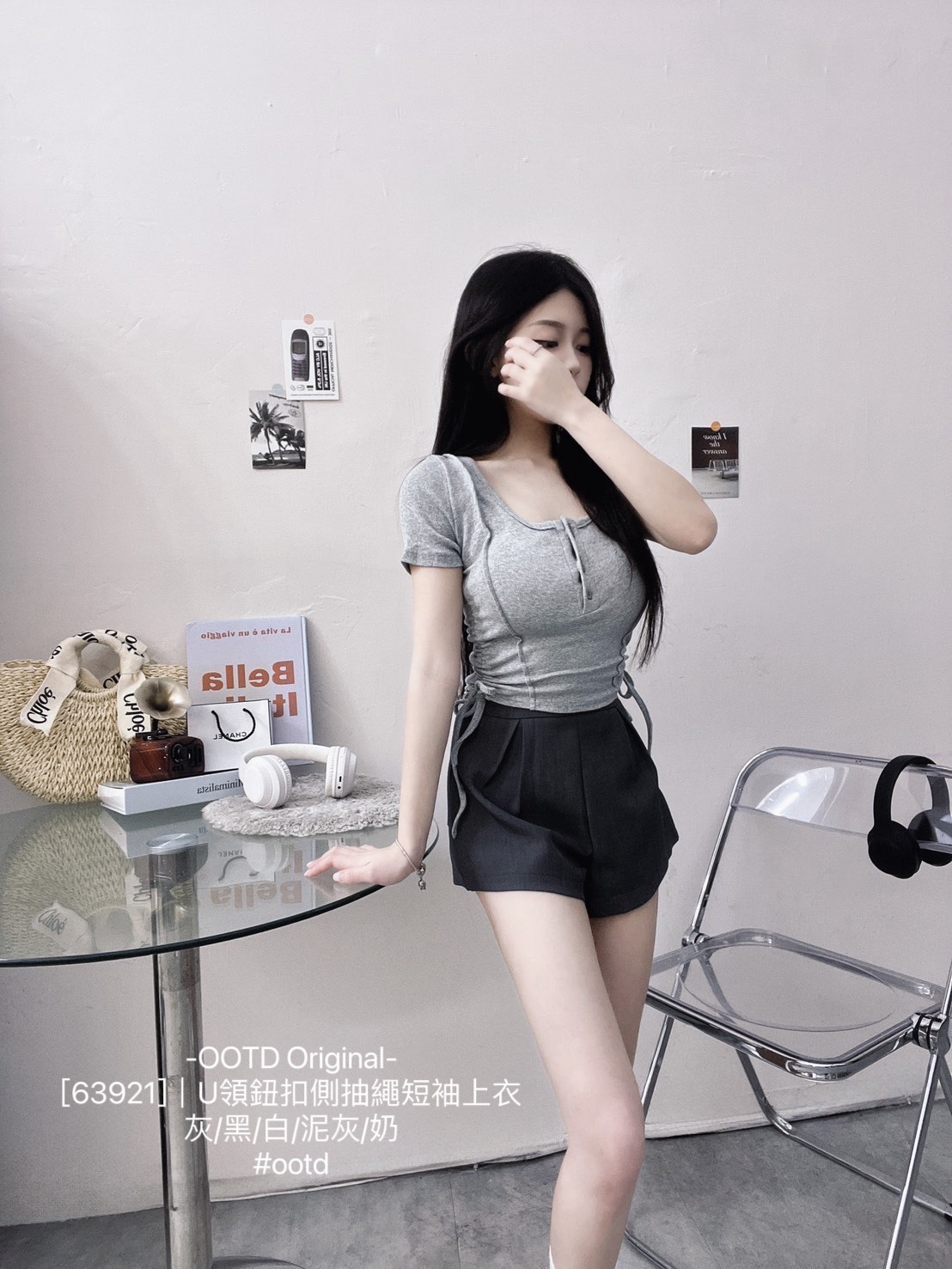 [63921]｜U領鈕扣側抽繩短袖上衣 (3)