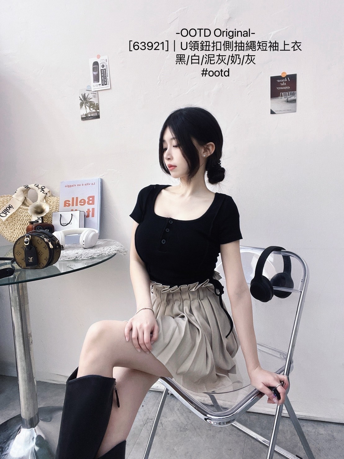 [63921]｜U領鈕扣側抽繩短袖上衣 (2)