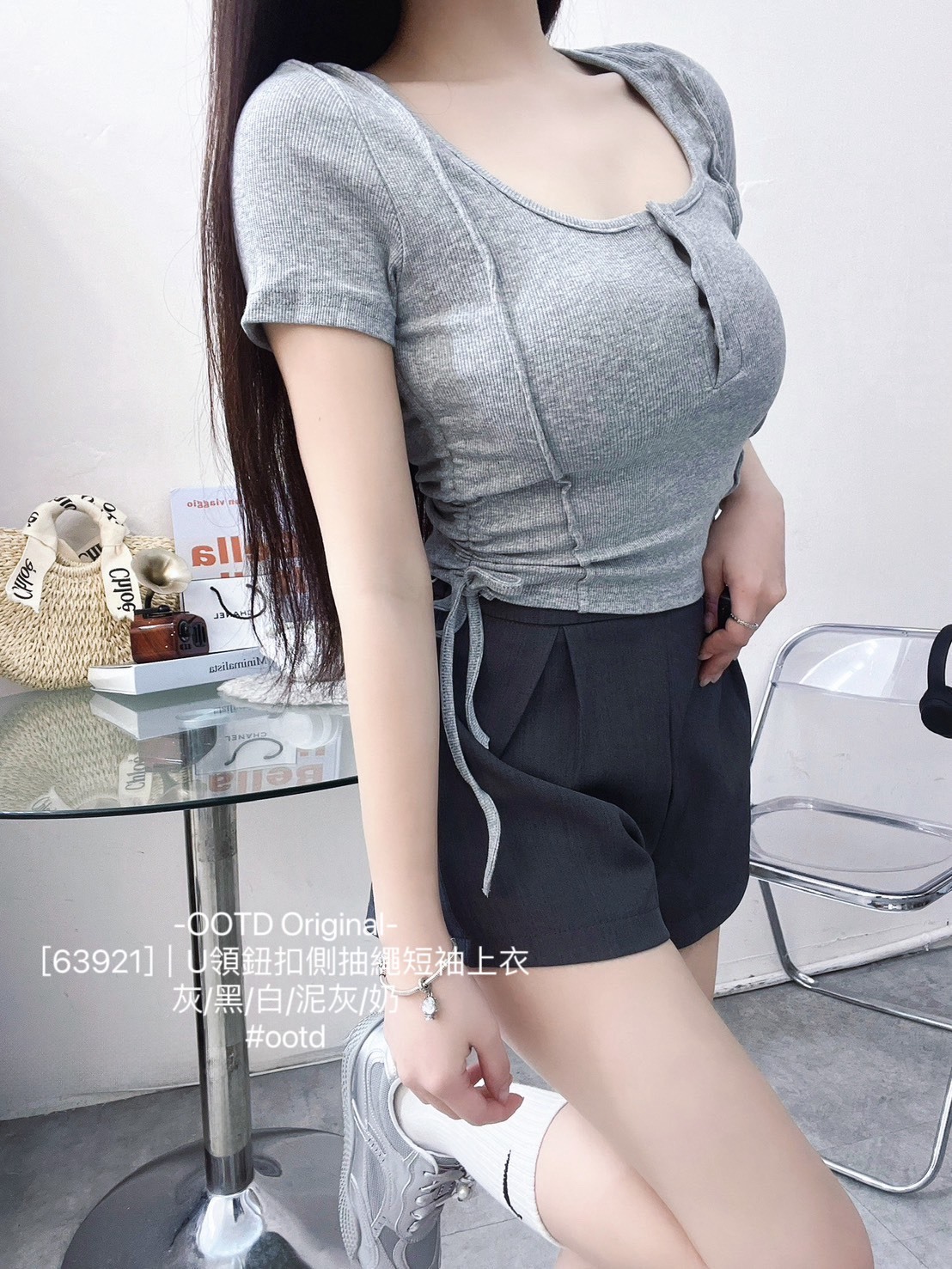 [63921]｜U領鈕扣側抽繩短袖上衣 (4)