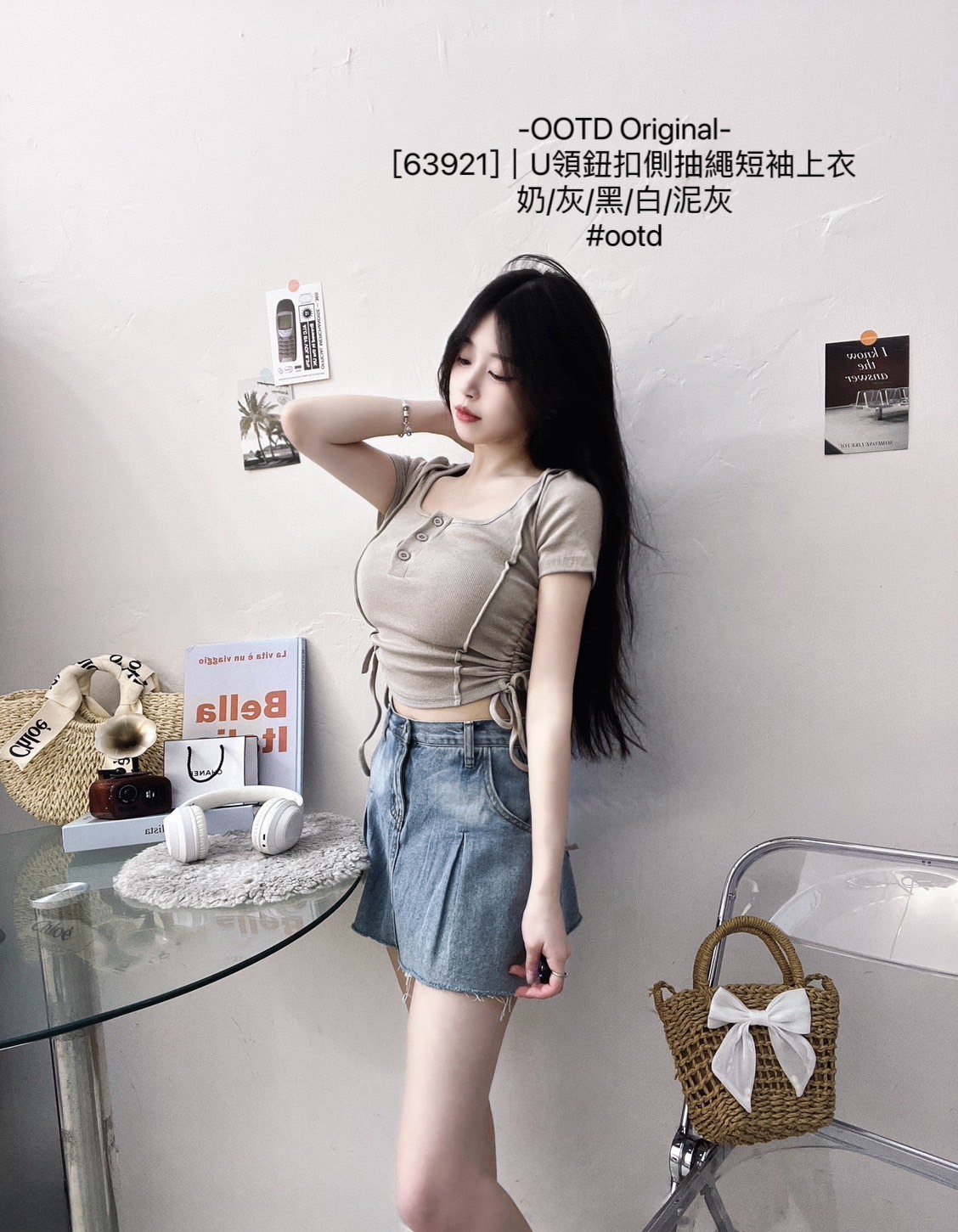 [63921]｜U領鈕扣側抽繩短袖上衣 (6)