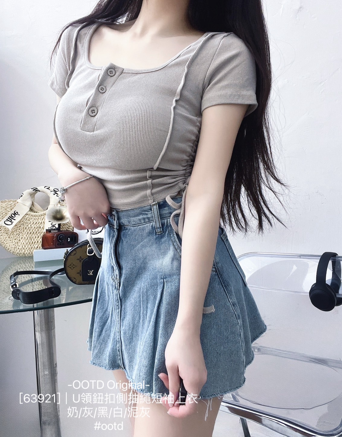 [63921]｜U領鈕扣側抽繩短袖上衣 (5)