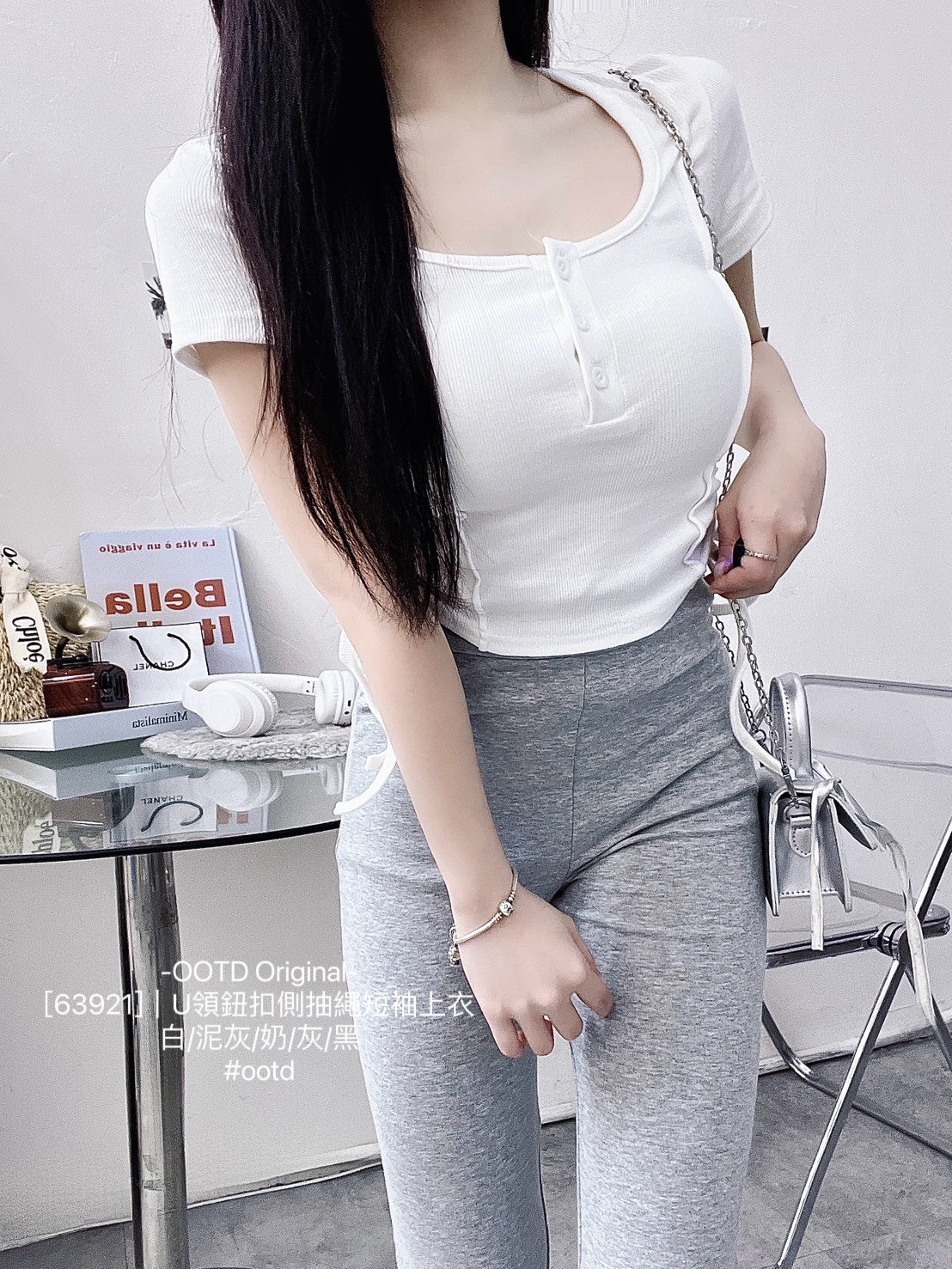 [63921]｜U領鈕扣側抽繩短袖上衣 (9)