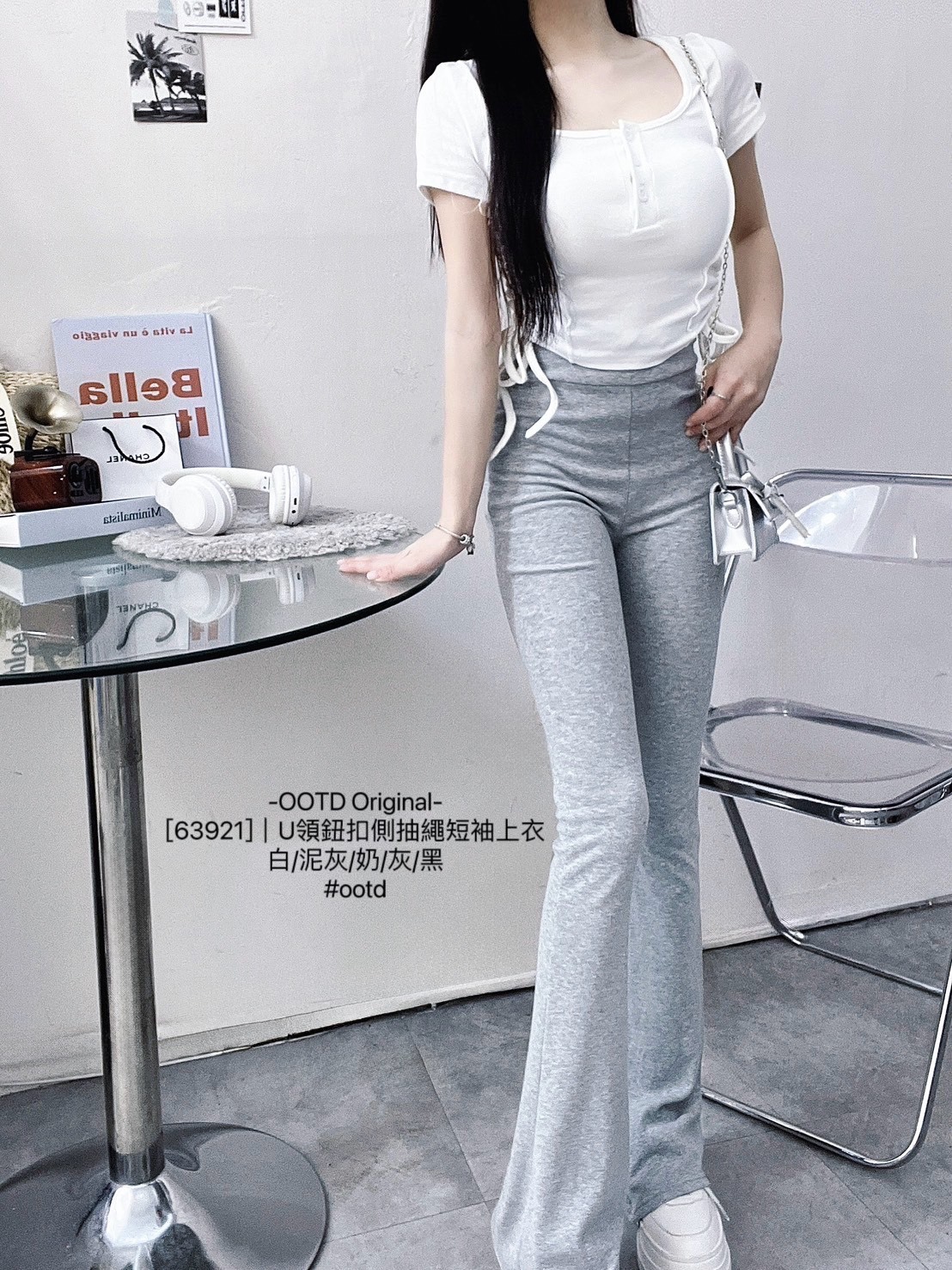 [63921]｜U領鈕扣側抽繩短袖上衣 (10)