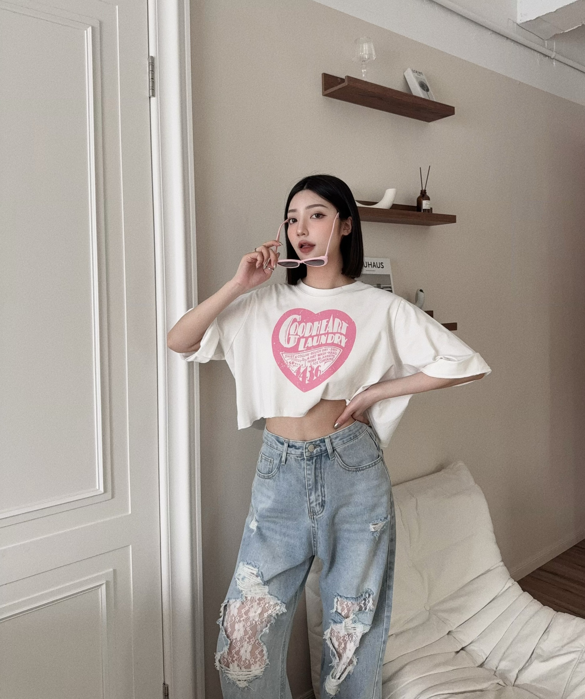 2507 『選品』美式字母愛心短版T