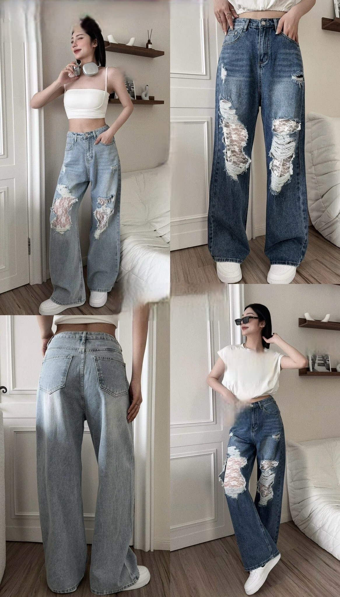 9172 『選品』破洞拼接蕾絲牛仔寬褲 (5)