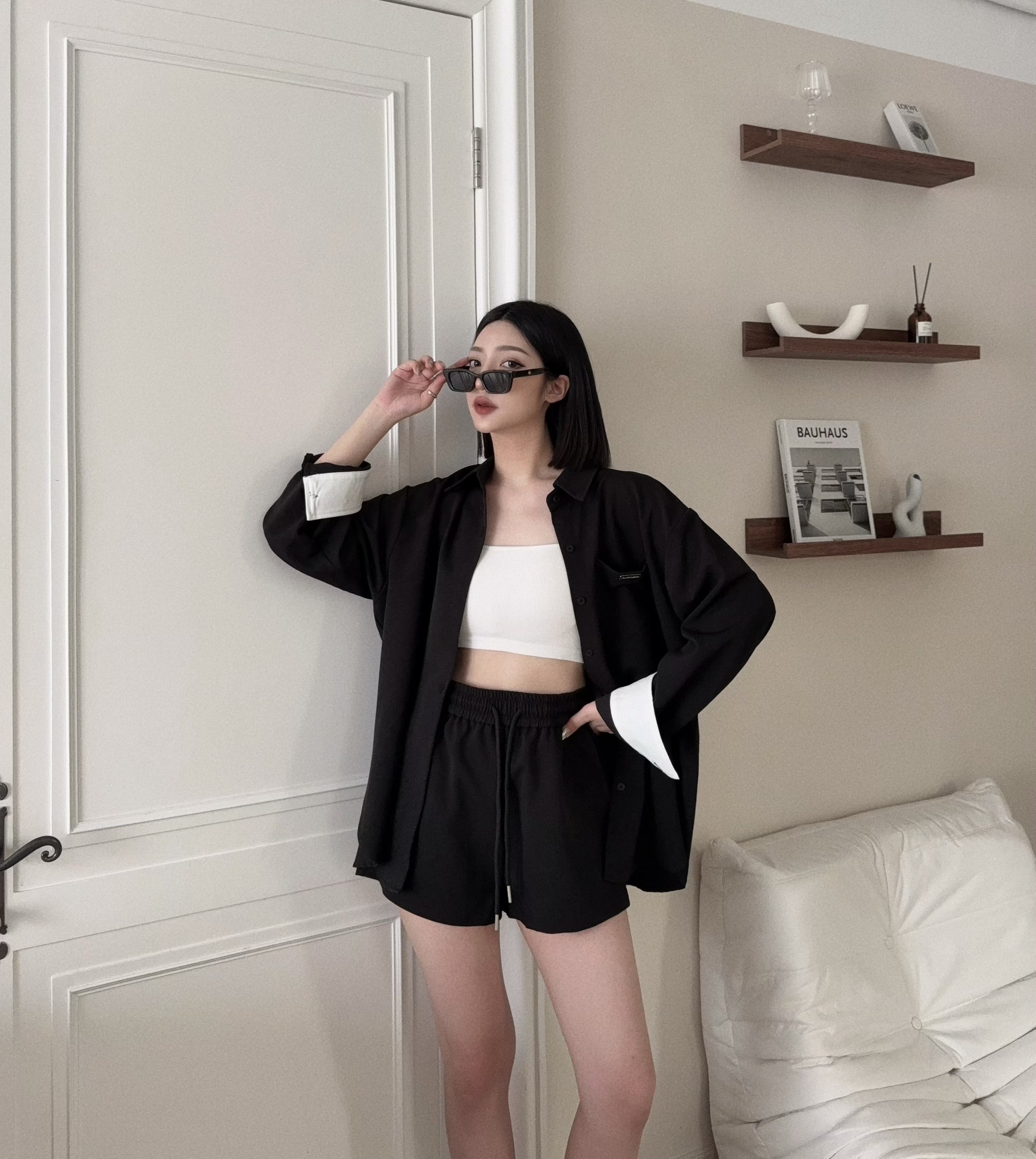 5472 『訂製款』鐵標撞色長袖襯衫+抽繩短褲 (2)