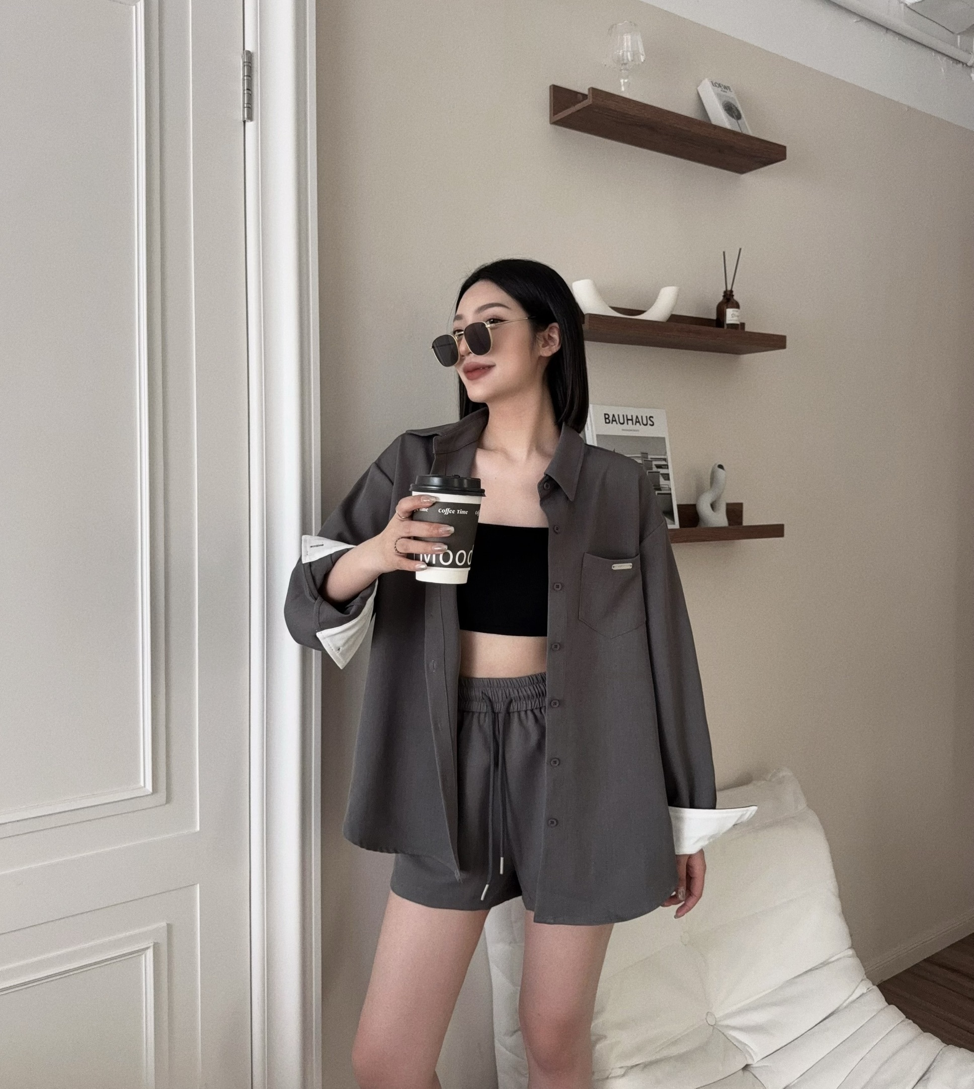 5472 『訂製款』鐵標撞色長袖襯衫+抽繩短褲 (3)