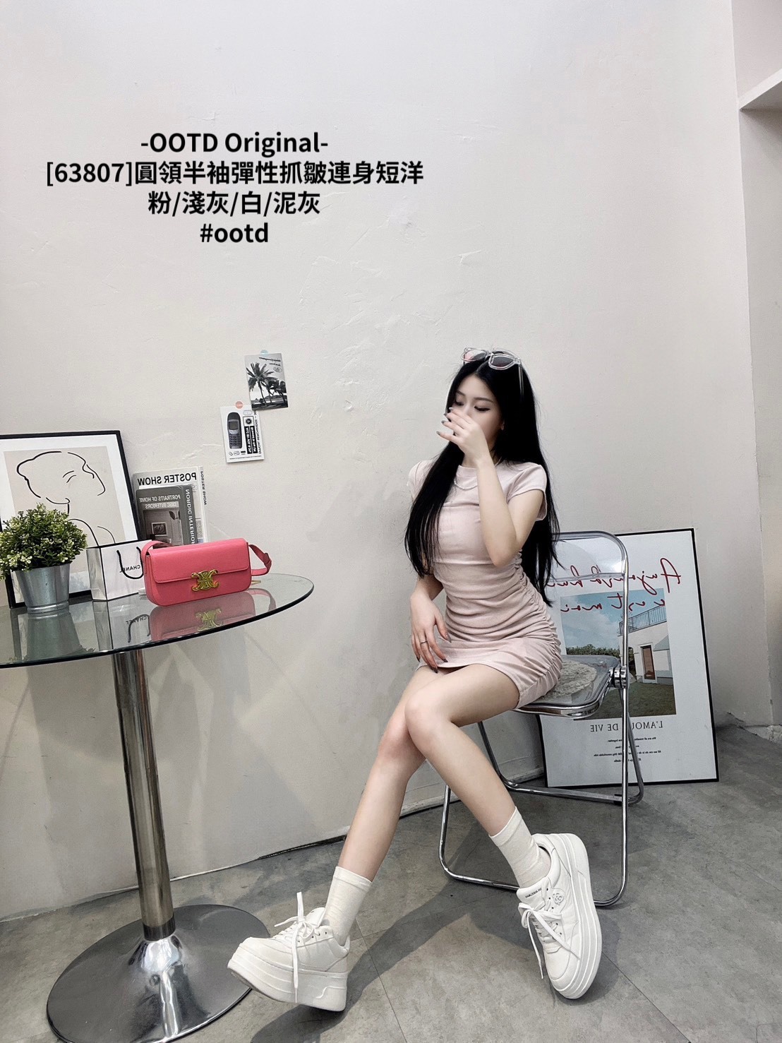 [63807]圓領半袖彈性抓皺連身短洋 (3)