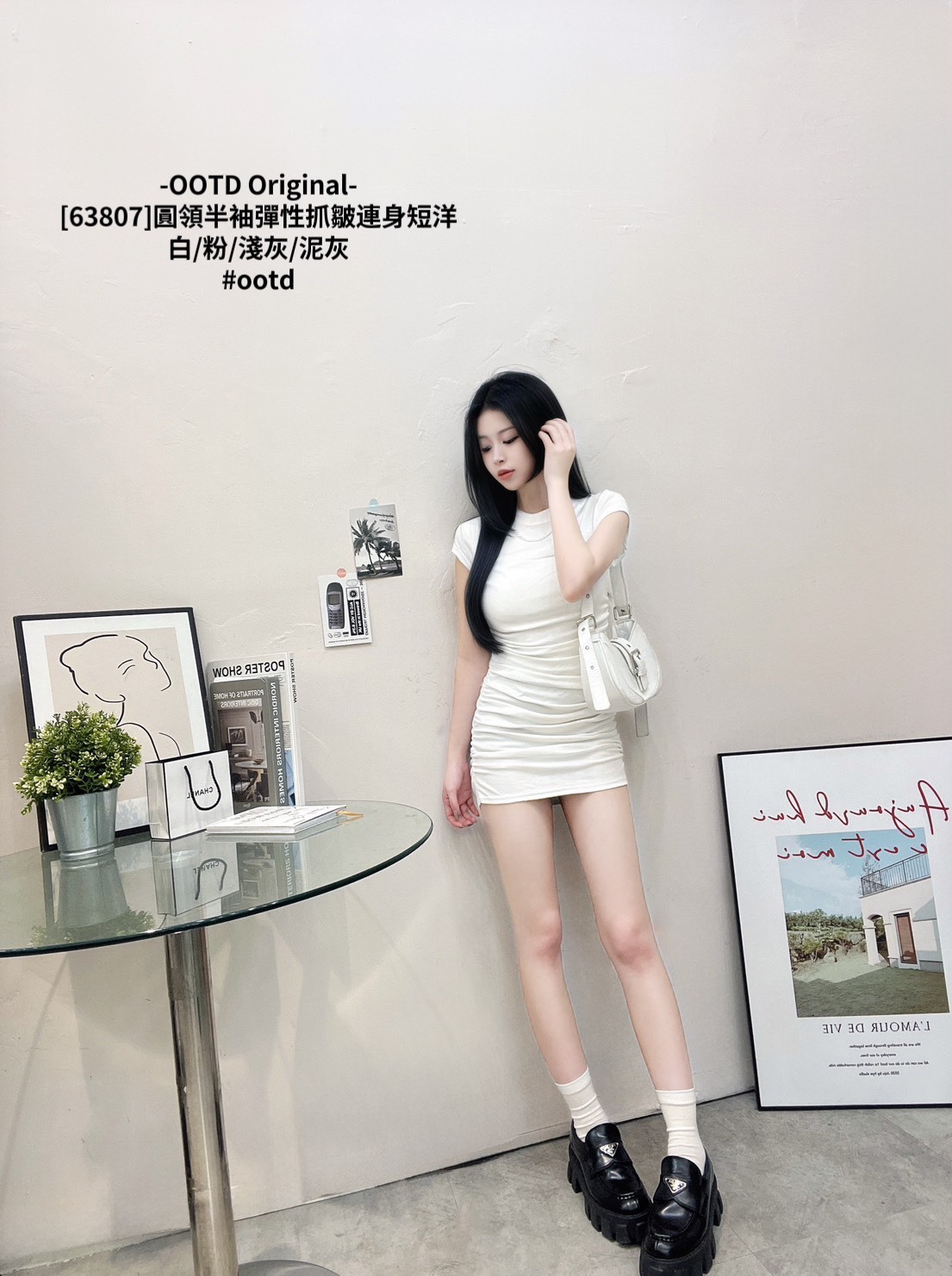 [63807]圓領半袖彈性抓皺連身短洋