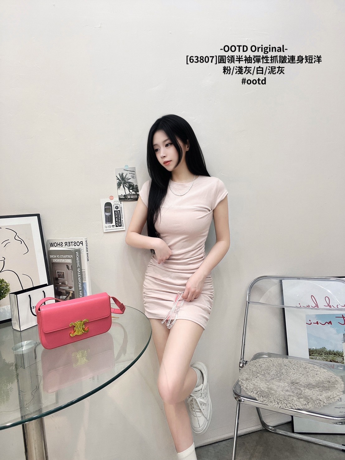 [63807]圓領半袖彈性抓皺連身短洋 (4)